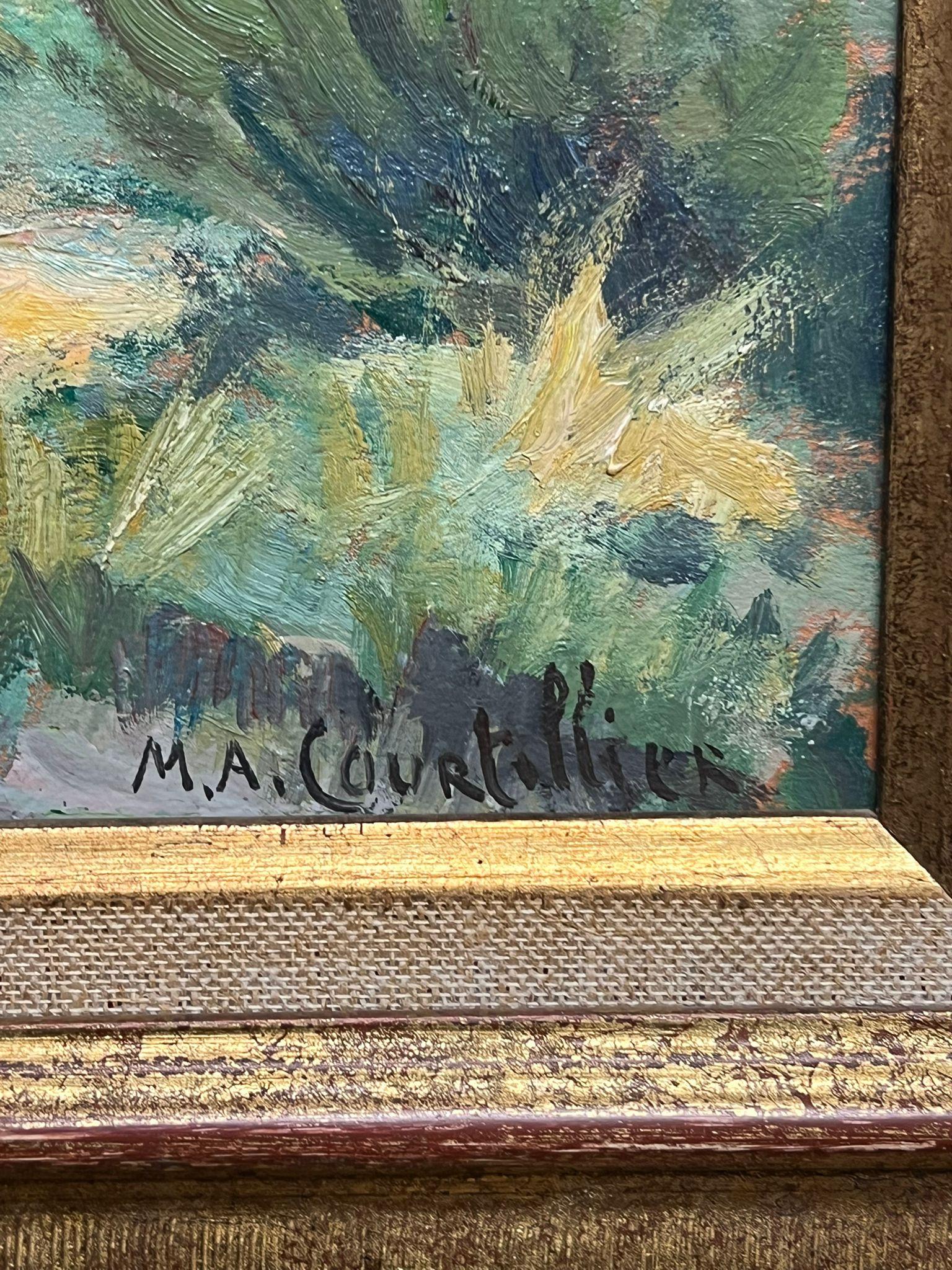 Idílico paisaje provenzal con cipreses Años 50 Artista francesa al óleo en venta 1