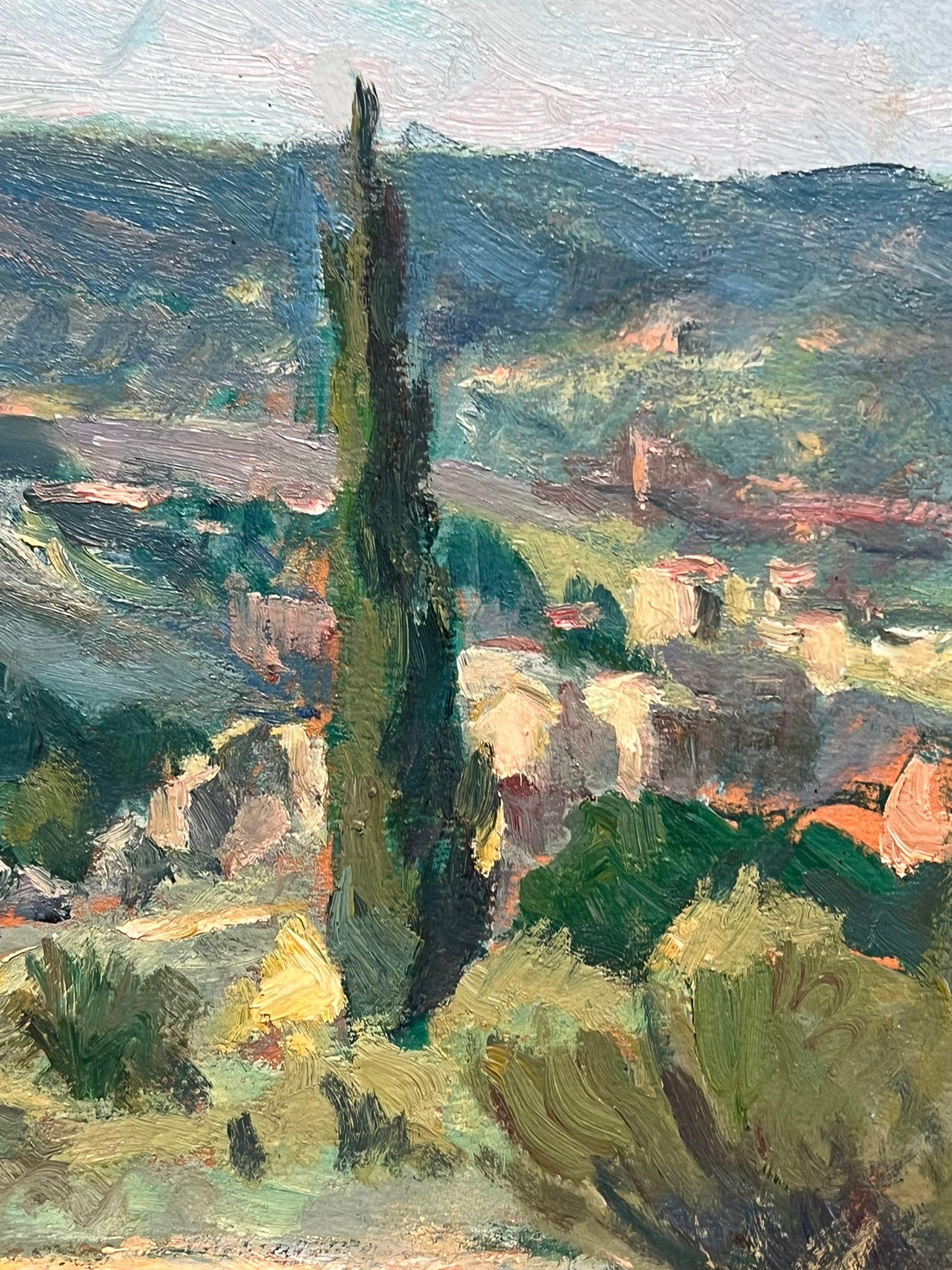Idílico paisaje provenzal con cipreses Años 50 Artista francesa al óleo en venta 3