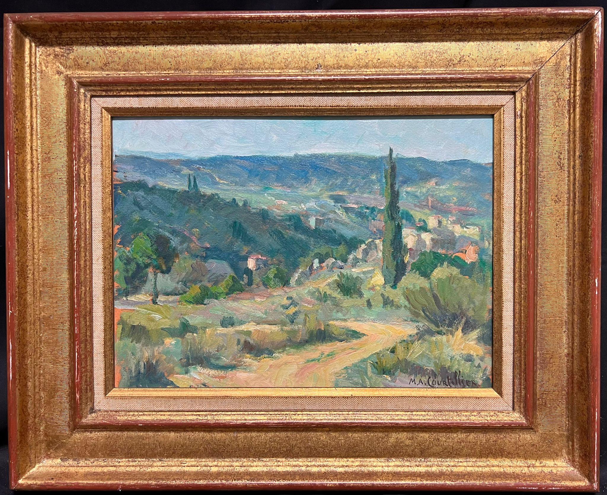 Landscape Painting de Marie Antoinette Courtellier - Idílico paisaje provenzal con cipreses Años 50 Artista francesa al óleo