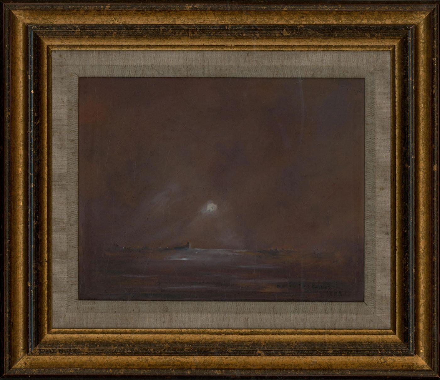 A brooding red sky stretches out over distant lights in this atmospheric seascape. The artwork is signed and dated in the bottom right-hand corner, and well presented in a gilded wood frame with a linen slip. On Board.