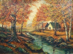 "Cottages in Autumn by the River" American Mid Century Oil Painting Landscape