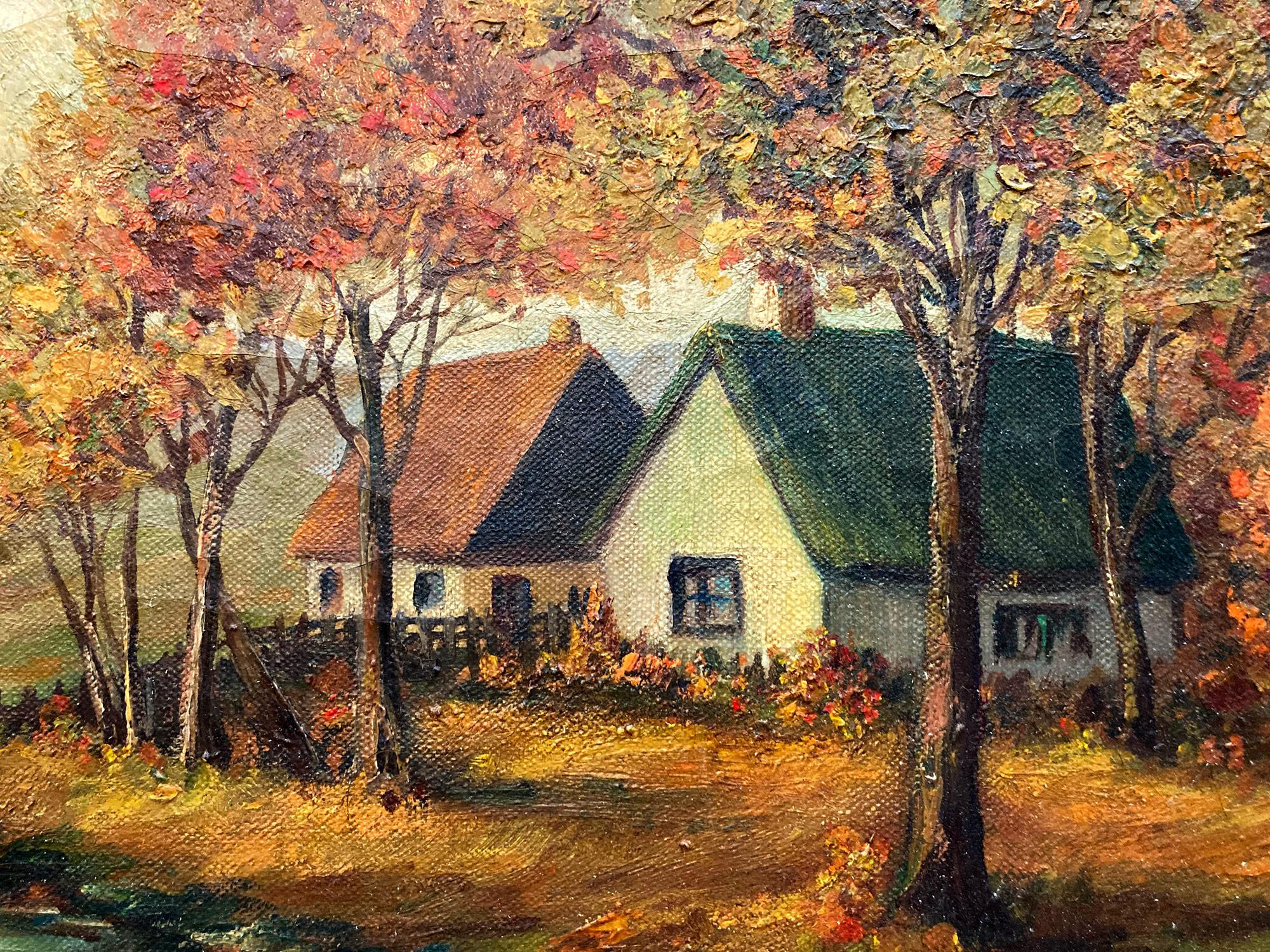 A wonderful depiction of cottages by the river with a mountain in the distance and autumn leaves falling by the country side. For this beautiful depiction, we find distinct elements that are unique to the earlier works of Marie Berger. Among other