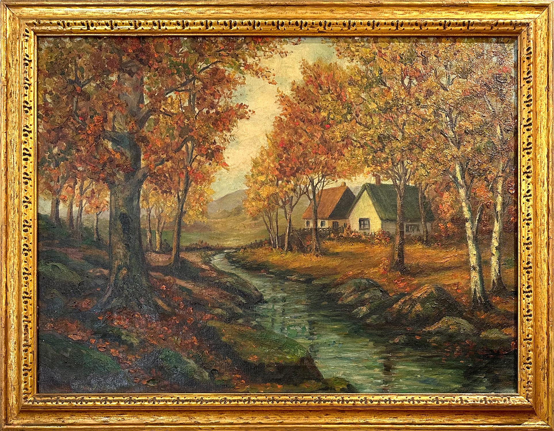 Marie Berger Landscape Painting - "Cottages in Autumn by the River" American Mid Century Oil Painting Landscape