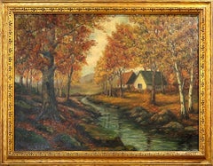 „Cottages in Autumn by the River“, amerikanisches Ölgemälde, Landschaft aus der Mitte des Jahrhunderts