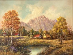 "Marshland Cottages in Autumn" American Mid Century Oil Painting Landscape