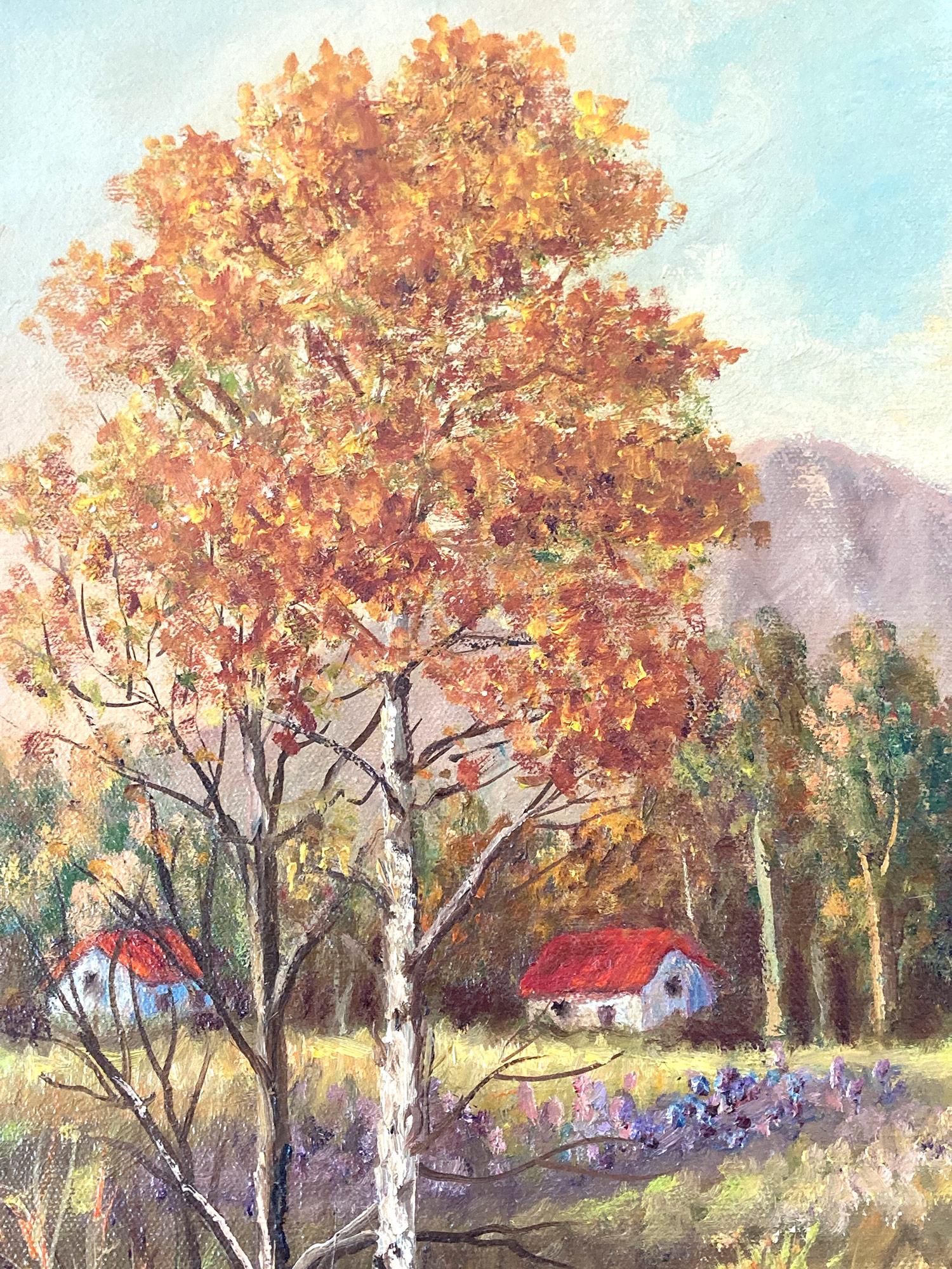 A wonderful depiction of cottages in a Marshland with a mountain view landscape in the country side. For this beautiful depiction of the mountains, we find distinct elements that are unique to the earlier works of Marie Berger. Among other things,