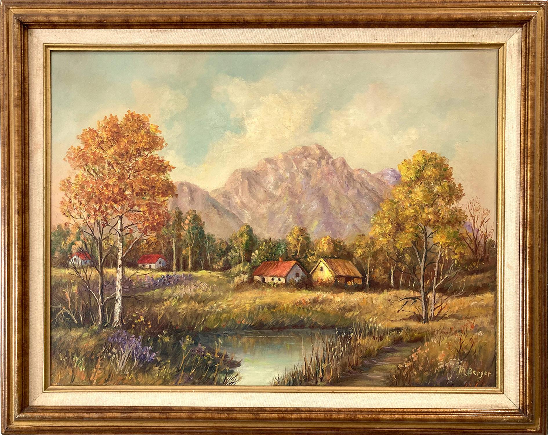 „Marshland Cottages in Autumn“, amerikanisches Ölgemälde, Mid-Century, Landschaft