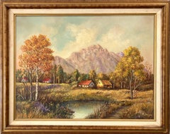 "Marshland Cottages in Autumn", Peinture à l'huile américaine du milieu du siècle dernier - Paysage de paysage