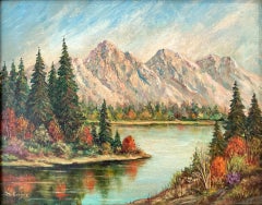 "Mountain Lake in Autumn" American Mid Century Oil Painting on Canvas Landscape