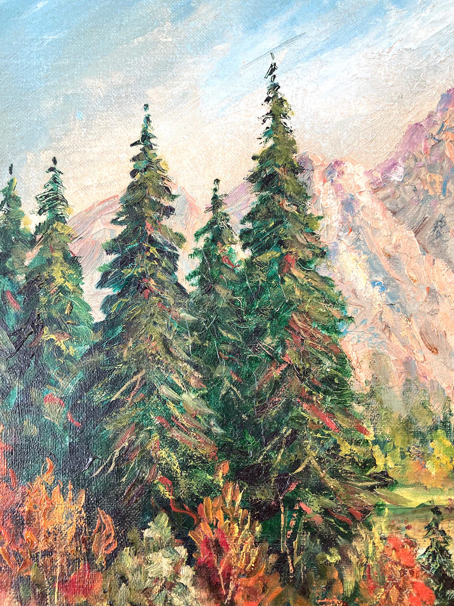 A wonderful depiction of mountain lake landscape in the country side. For this beautiful depiction of the mountains, we find distinct elements that are unique to the earlier works of Marie Berger. Among other things, Marie Berger's art is notable
