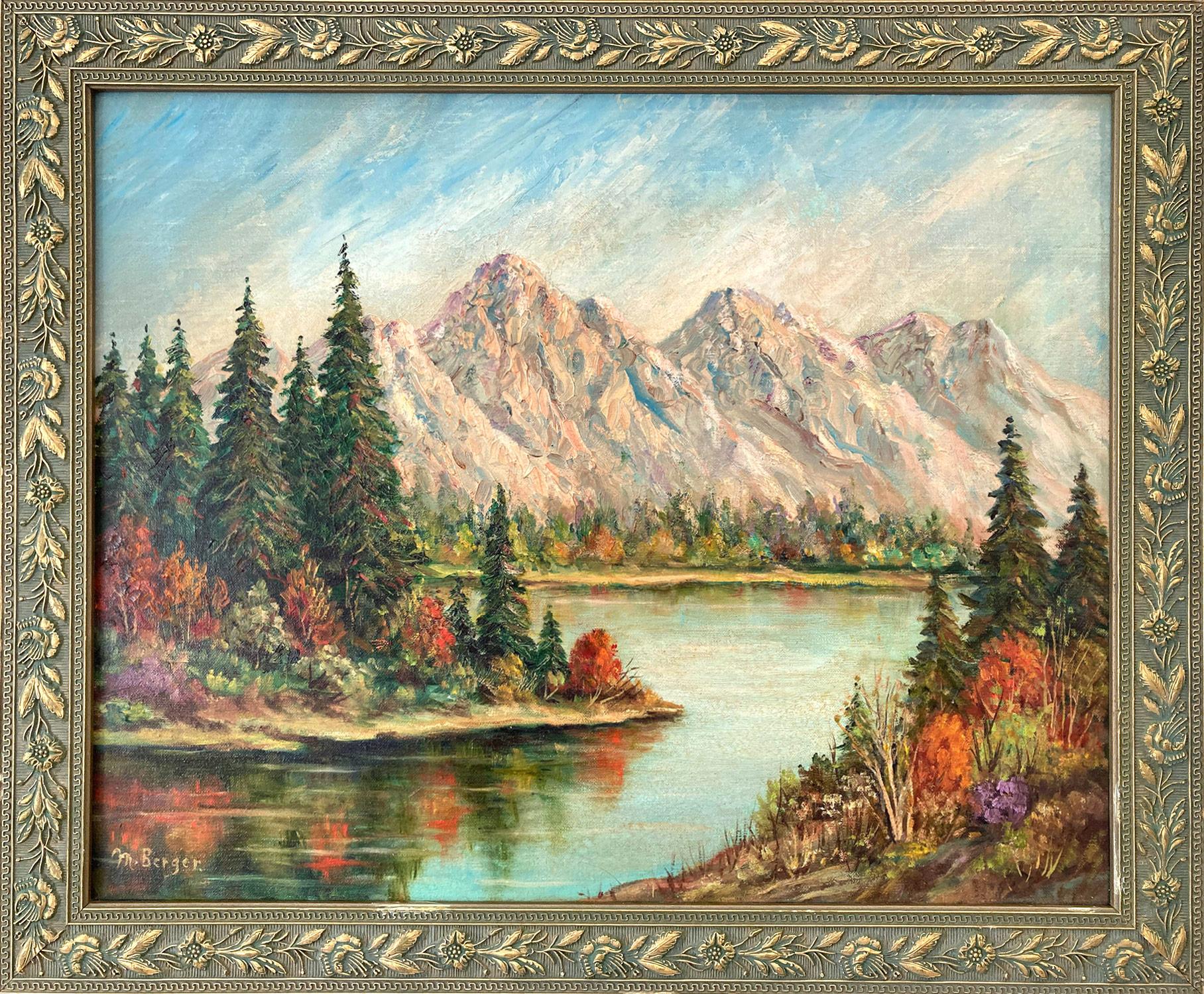 Marie Berger Landscape Painting - "Mountain Lake in Autumn" American Mid Century Oil Painting on Canvas Landscape