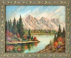 Vintage "Mountain Lake in Autumn" American Mid Century Oil Painting on Canvas Landscape
