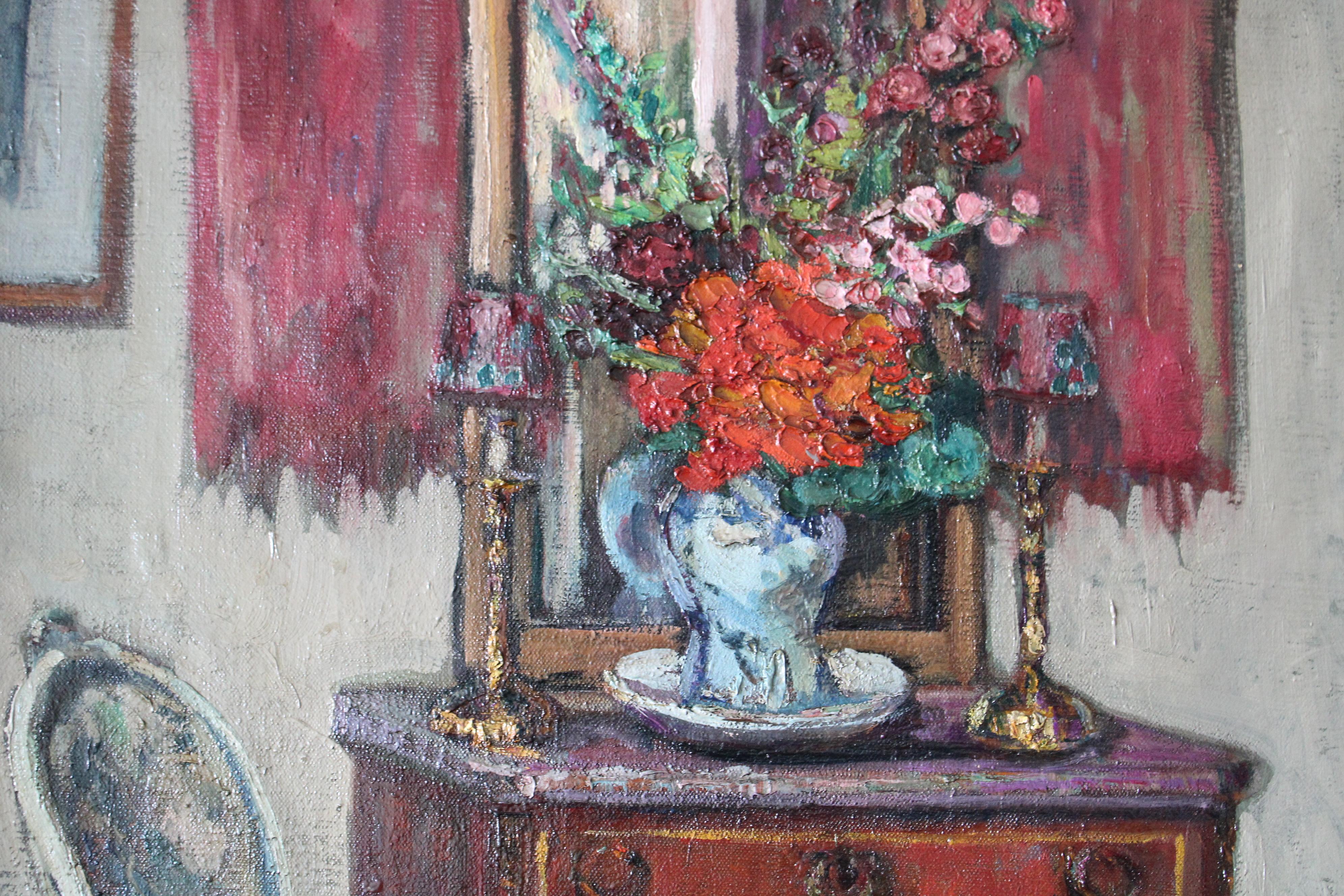 Grande peinture à l'huile d'intérieur vintage d'une chaise et d'une vignette, art d'intérieur français 6