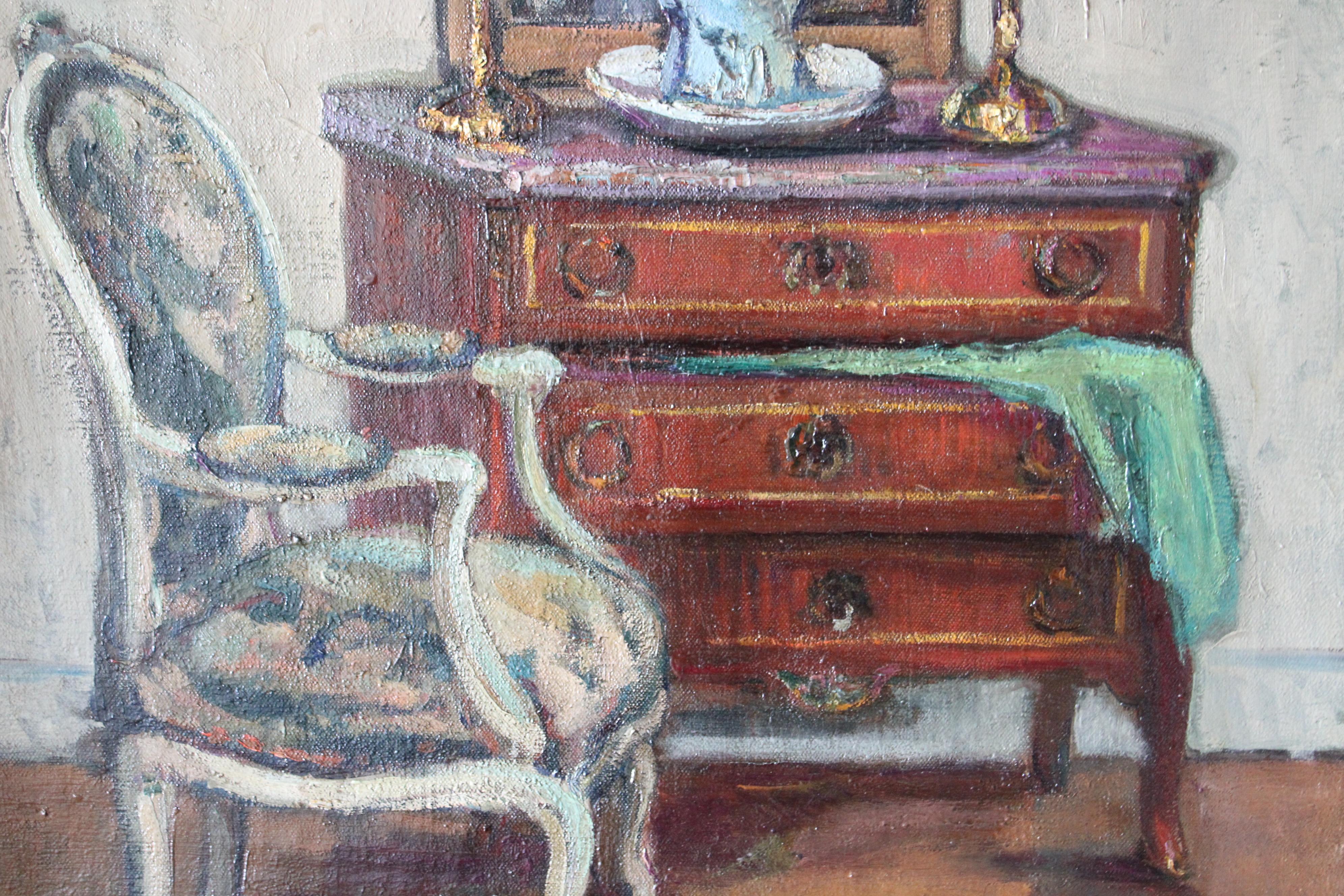 Grande peinture à l'huile d'intérieur vintage d'une chaise et d'une vignette, art d'intérieur français 7