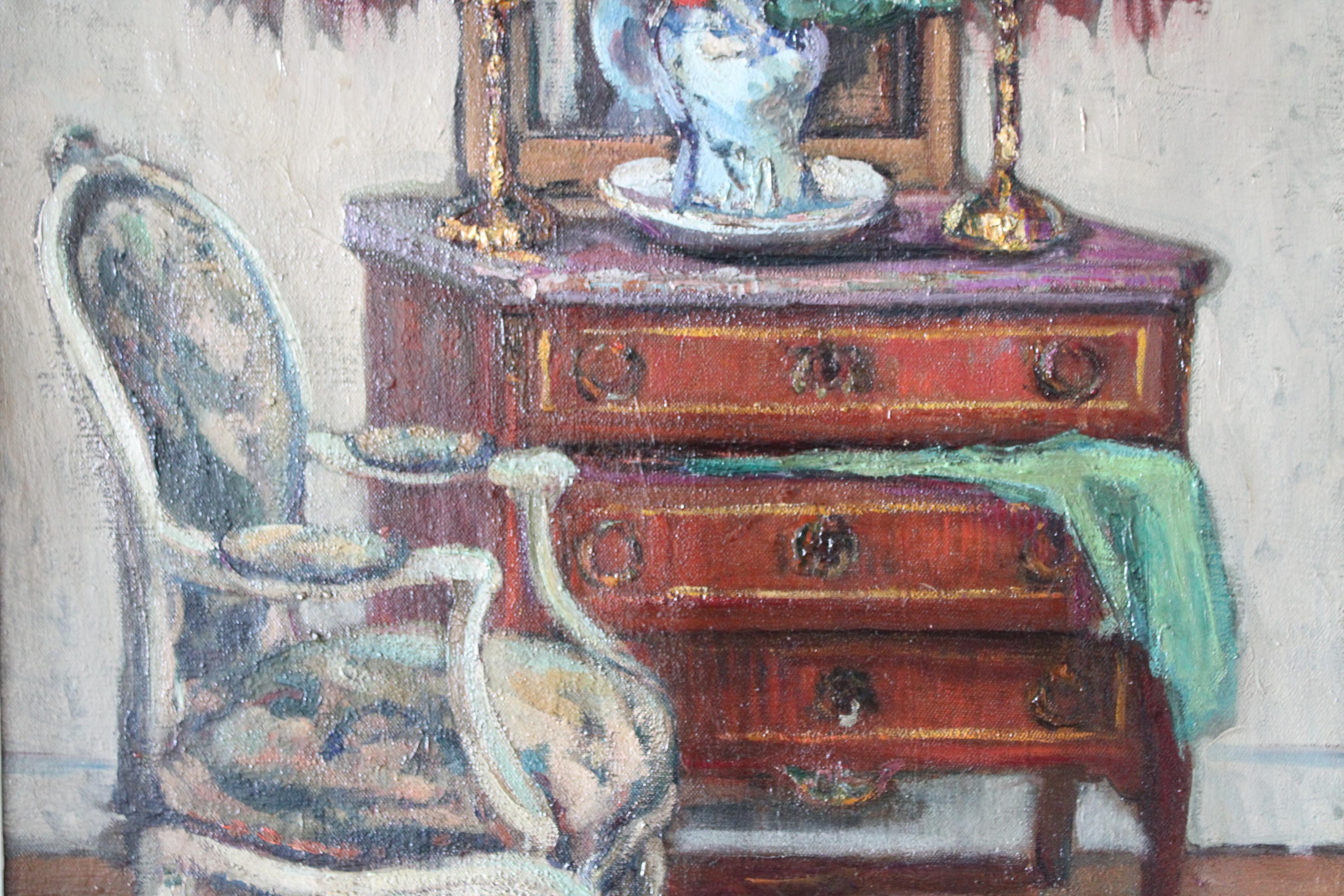 Grande peinture à l'huile d'intérieur vintage d'une chaise et d'une vignette, art d'intérieur français 8