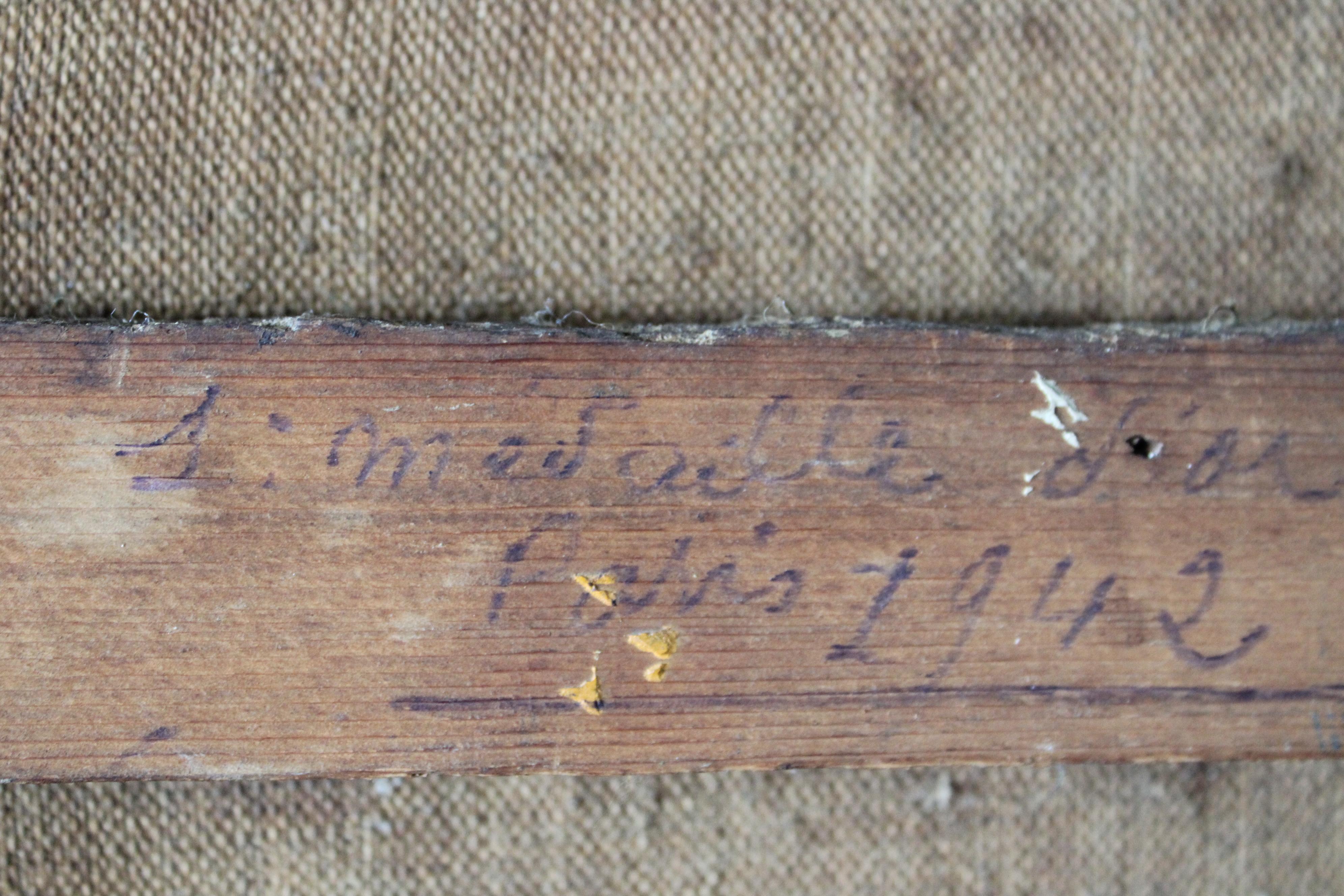 Grande peinture à l'huile d'intérieur vintage d'une chaise et d'une vignette, art d'intérieur français 12