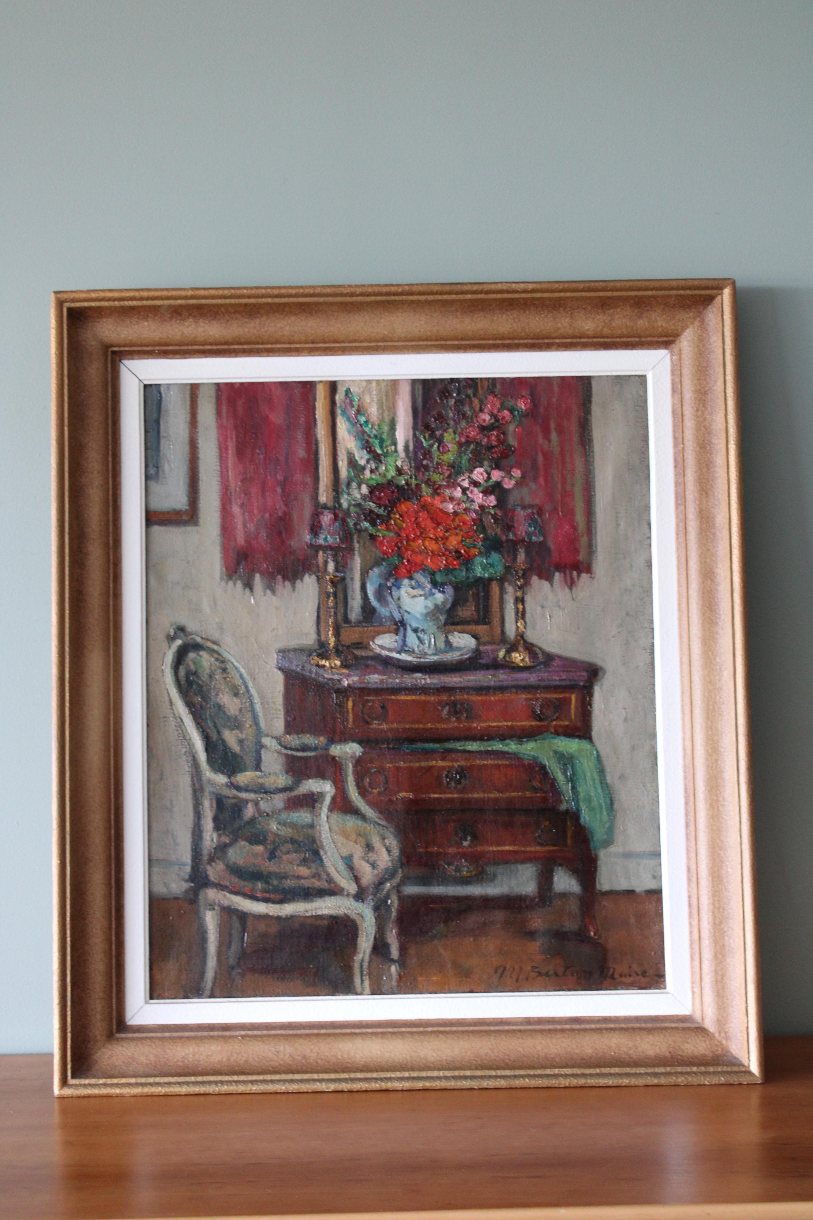 Grande peinture à l'huile d'intérieur vintage d'une chaise et d'une vignette, art d'intérieur français - Painting de Marie Berton Maire
