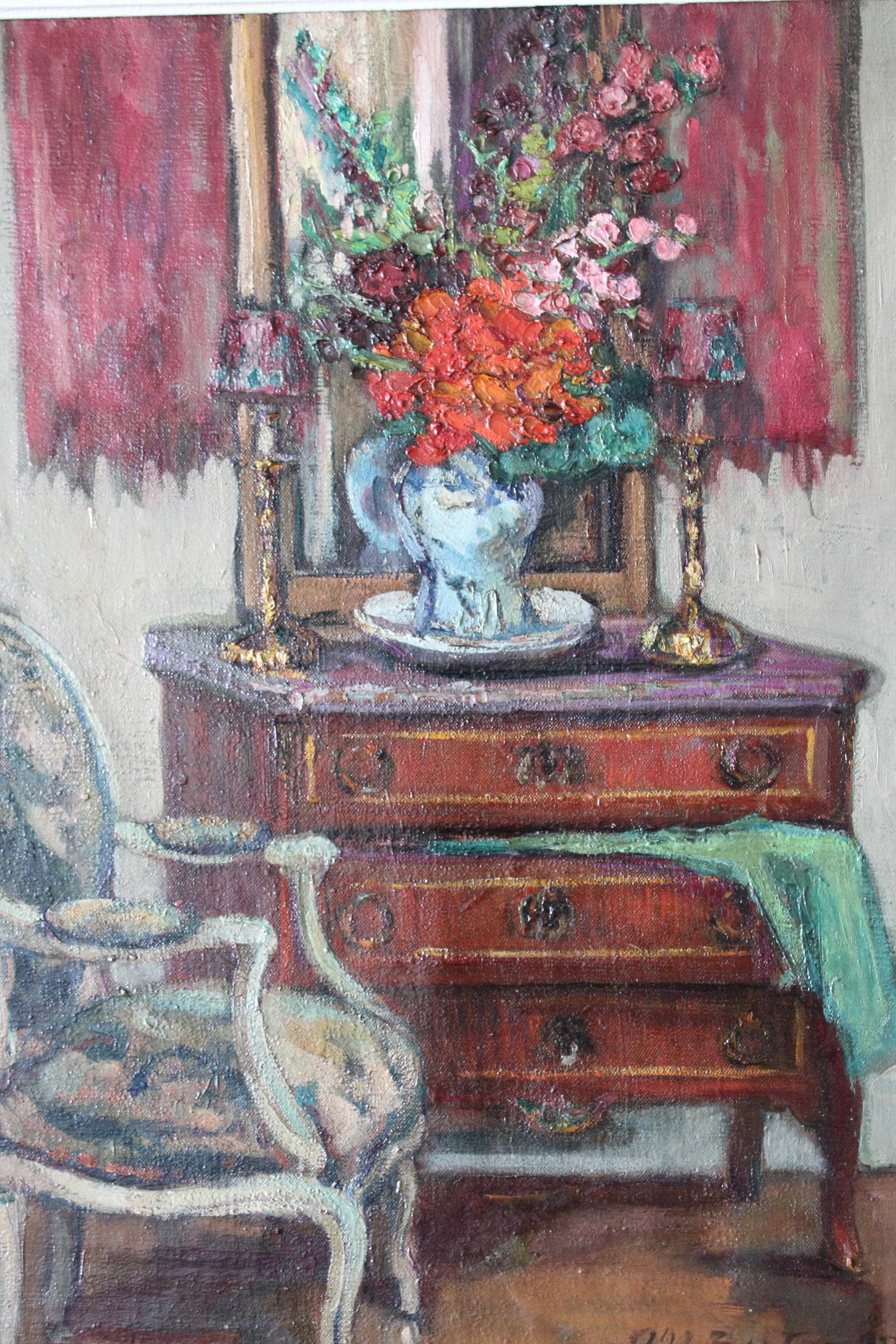 Grande peinture à l'huile d'intérieur vintage d'une chaise et d'une vignette, art d'intérieur français - École française Painting par Marie Berton Maire