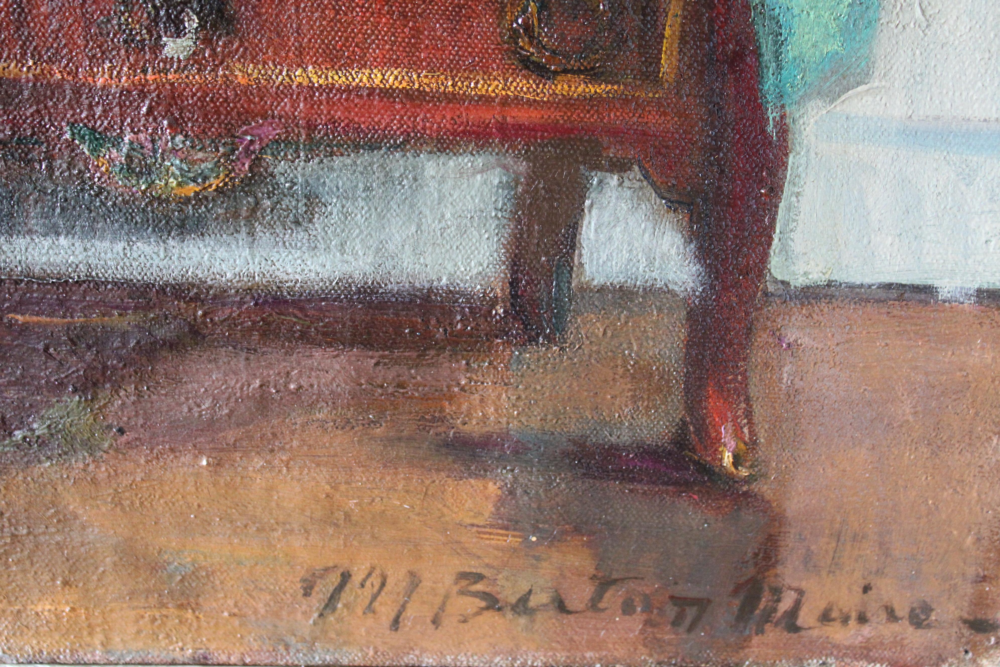 Grande peinture à l'huile d'intérieur vintage d'une chaise et d'une vignette, art d'intérieur français 1