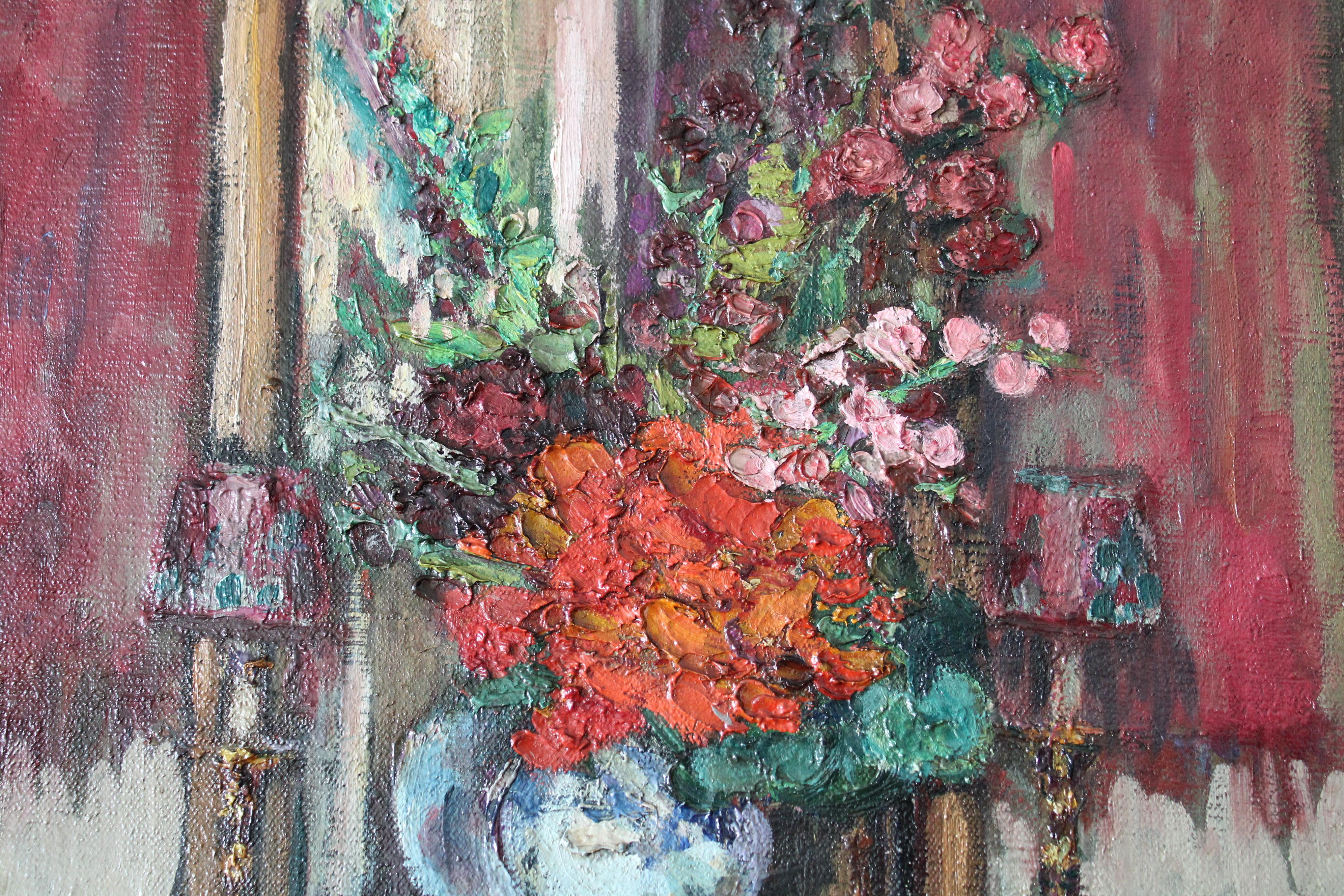 Grande peinture à l'huile d'intérieur vintage d'une chaise et d'une vignette, art d'intérieur français 3