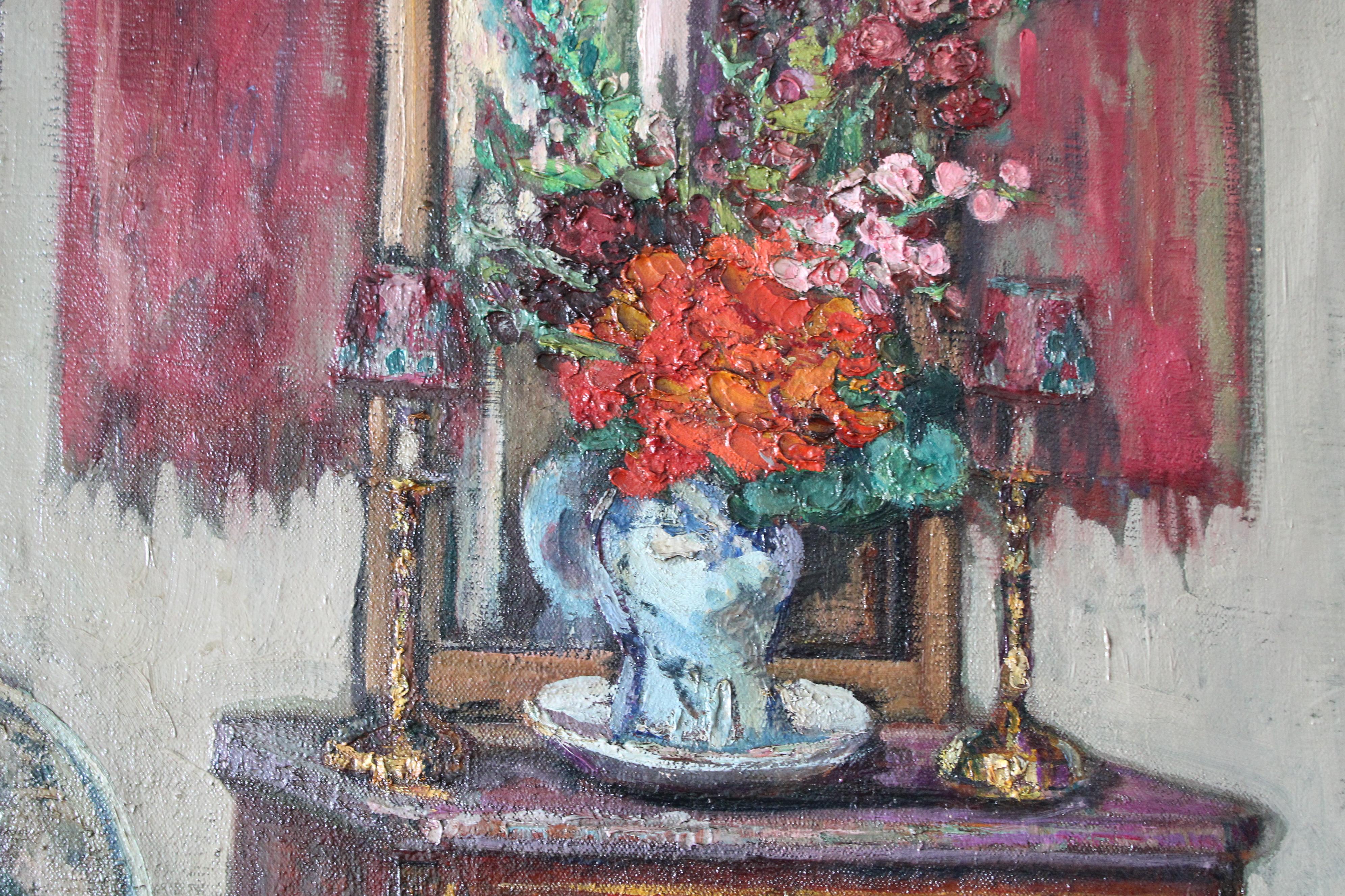 Grande peinture à l'huile d'intérieur vintage d'une chaise et d'une vignette, art d'intérieur français 4