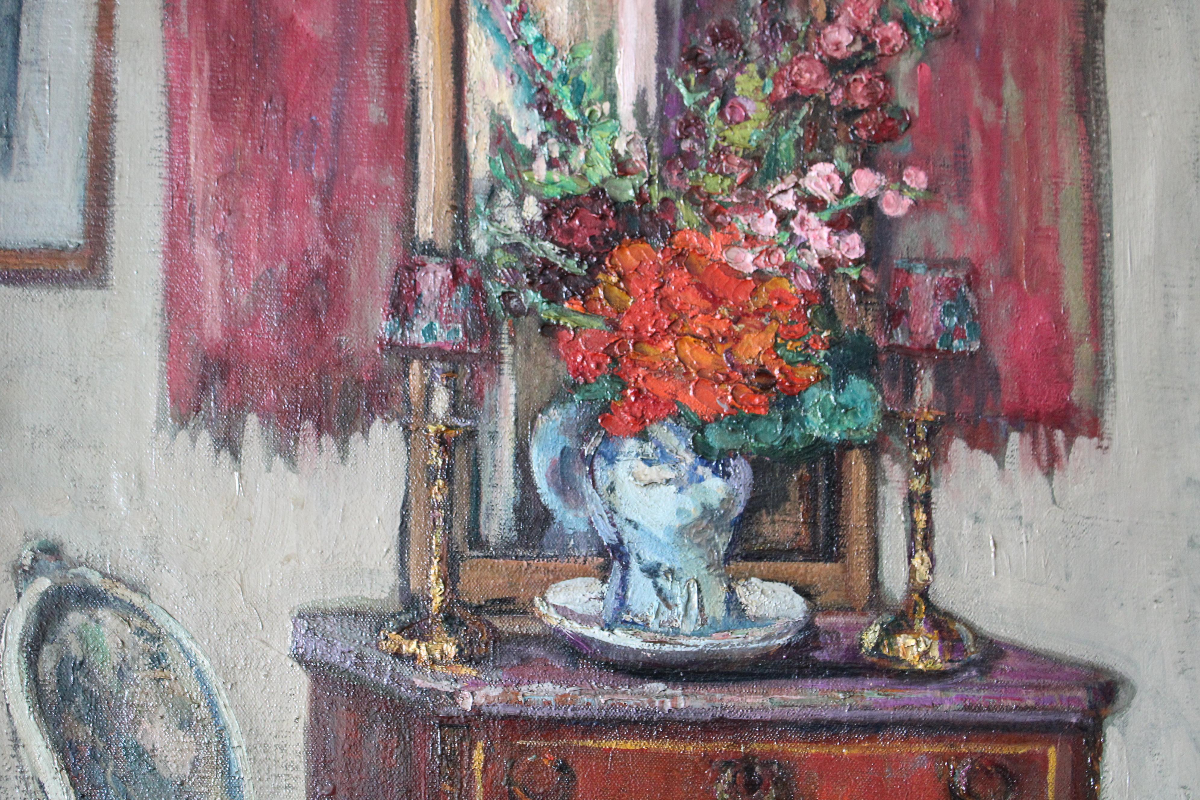 Grande peinture à l'huile d'intérieur vintage d'une chaise et d'une vignette, art d'intérieur français 5