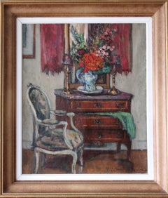 Large Used interior oil painting of a chair and vignette, French interior art