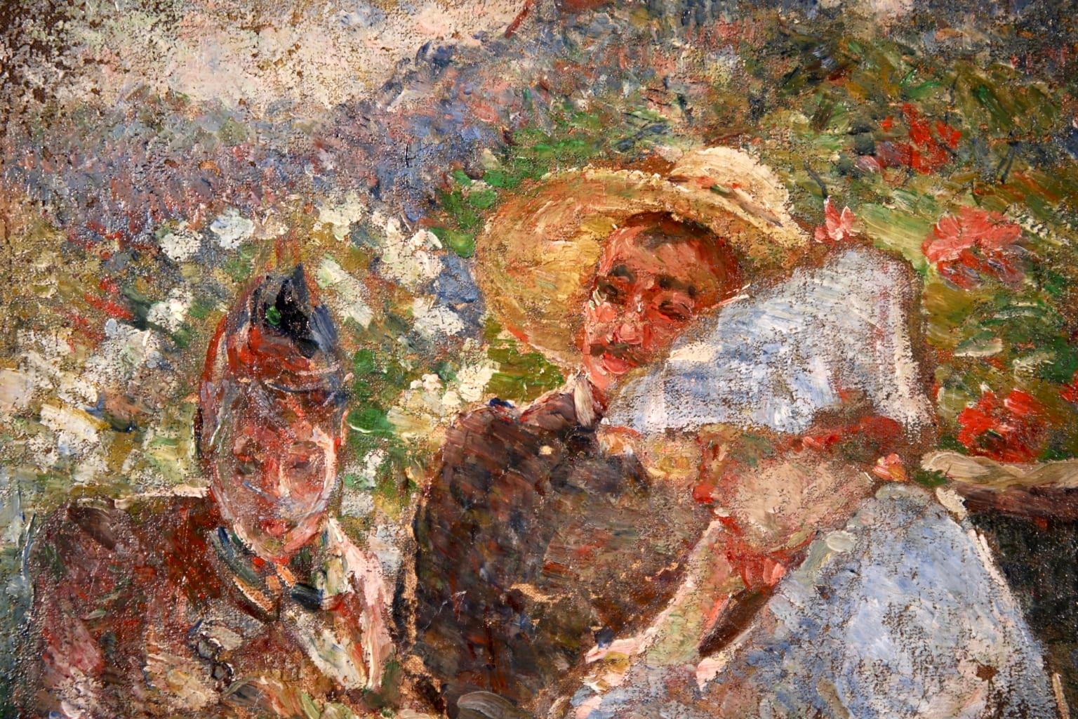 A truly beautiful oil on canvas by French impressionist painter Marie Bracquemond depicting three elegant dressed figures - two women and a man - sat on a terrace on a summer's day with a beautiful garden filled with red and white flowers behind