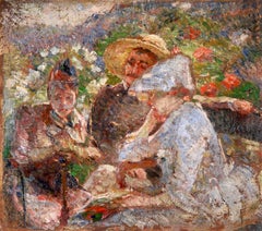 Sur la terrasse - Huile impressionniste:: Figures dans un paysage de Marie Bracquemond