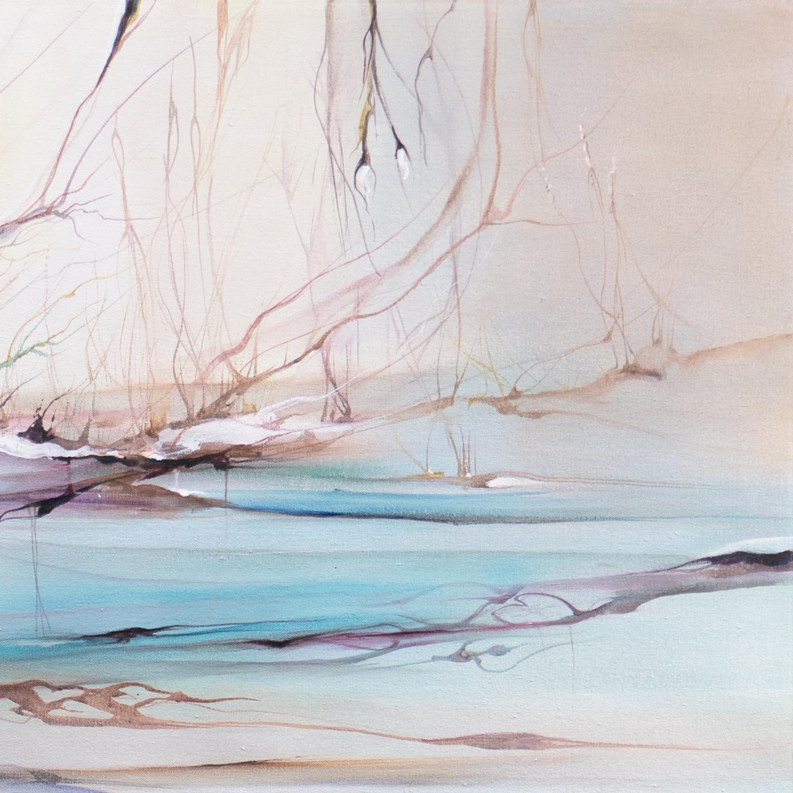 „Abstracted Aqua Landscape“, Künstlerin, Spiritualität, transzendentalistische Ölgemälde (Grau), Abstract Painting, von Marie Buchfink