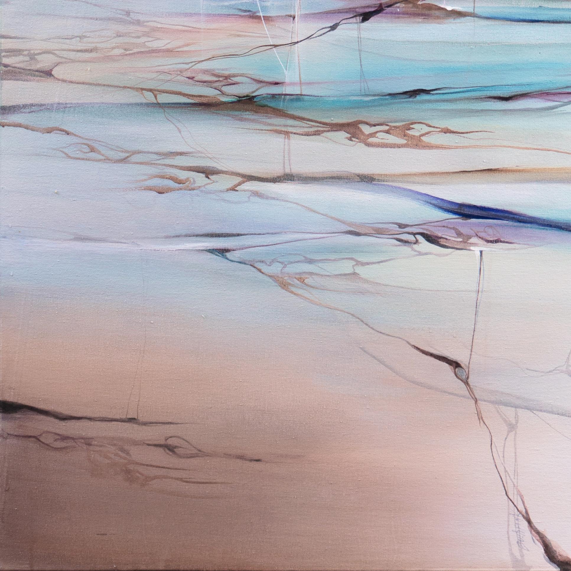 'Aqua Landscape', Woman Artist, Spirituality, Transcendentalist Abstraction - Gray Abstract Painting by Marie Buchfink