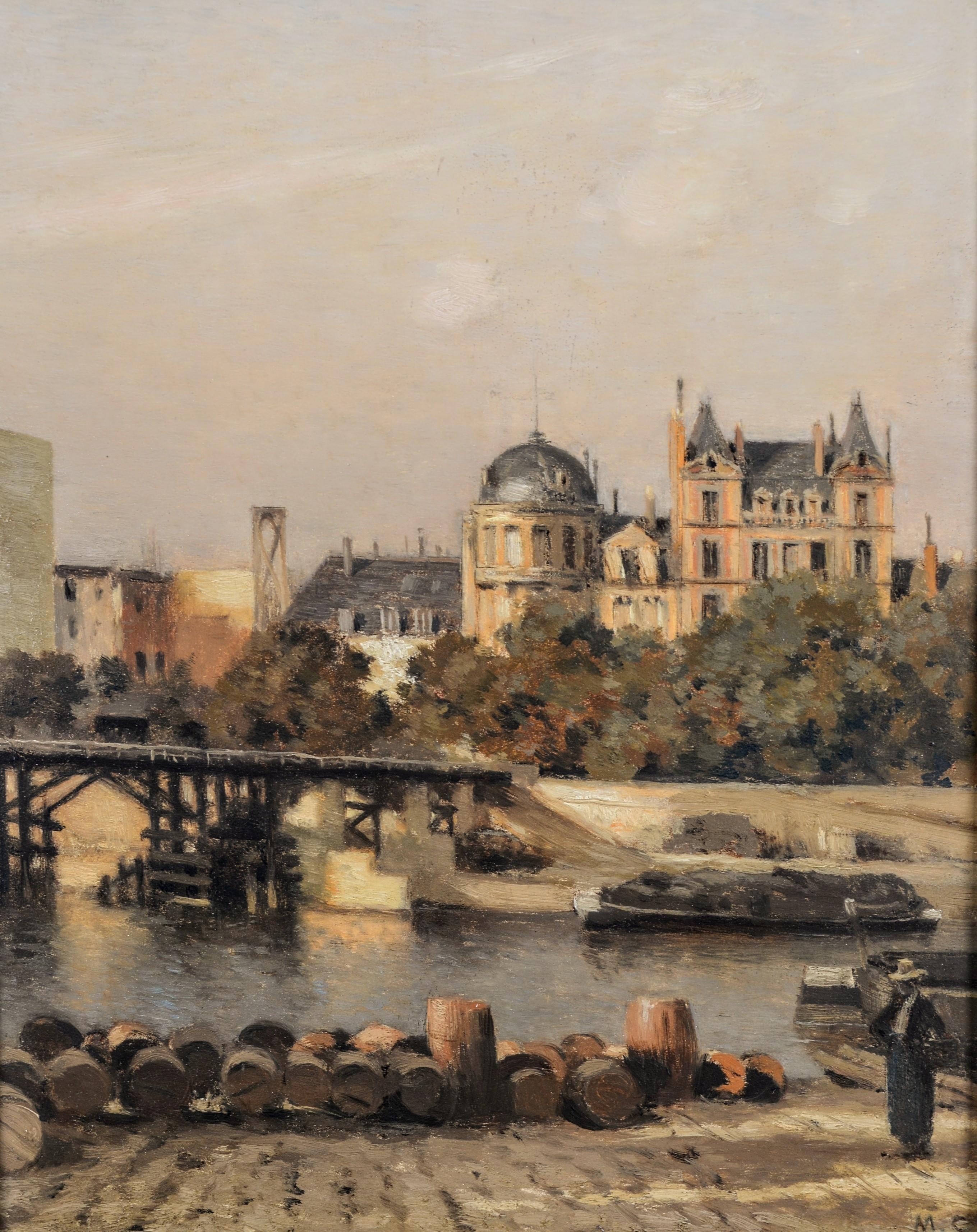 Paris, Old Wooden Bridge - 19th Century Antique French Impressionist Painting - Brown Landscape Painting by Marie Cazin