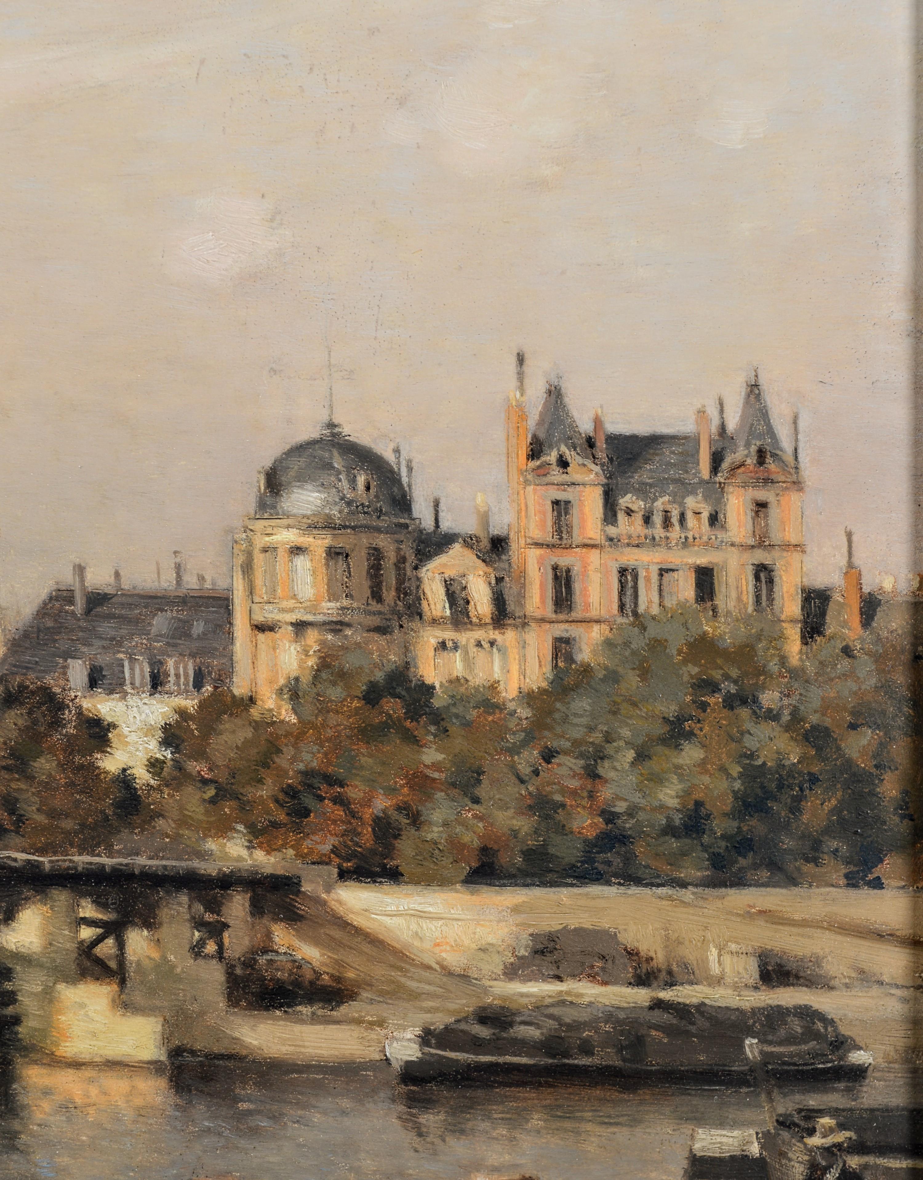 Paris, Old Wooden Bridge - 19th Century Antique French Impressionist Painting For Sale 1