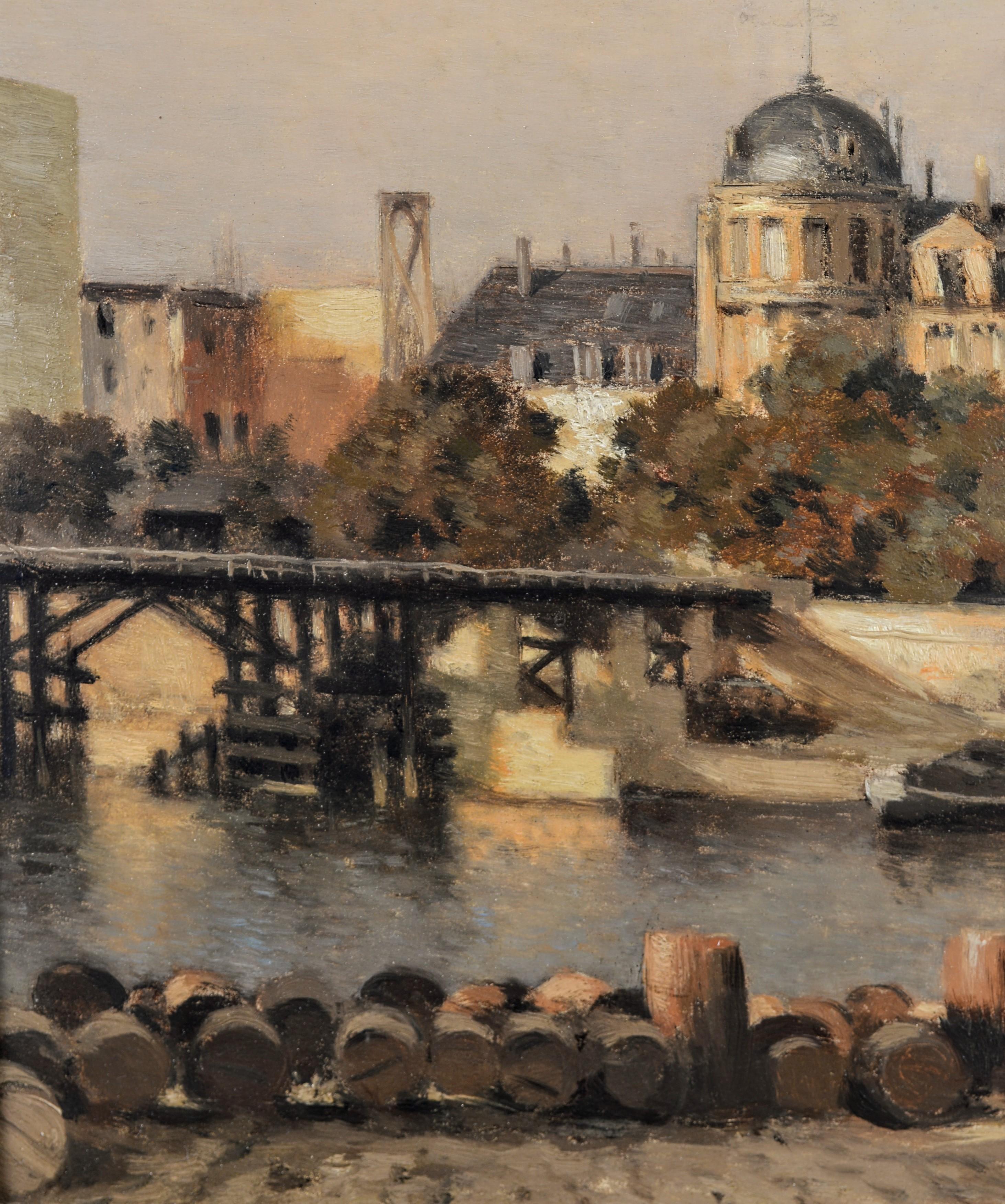 Paris, Old Wooden Bridge - 19th Century Antique French Impressionist Painting For Sale 2