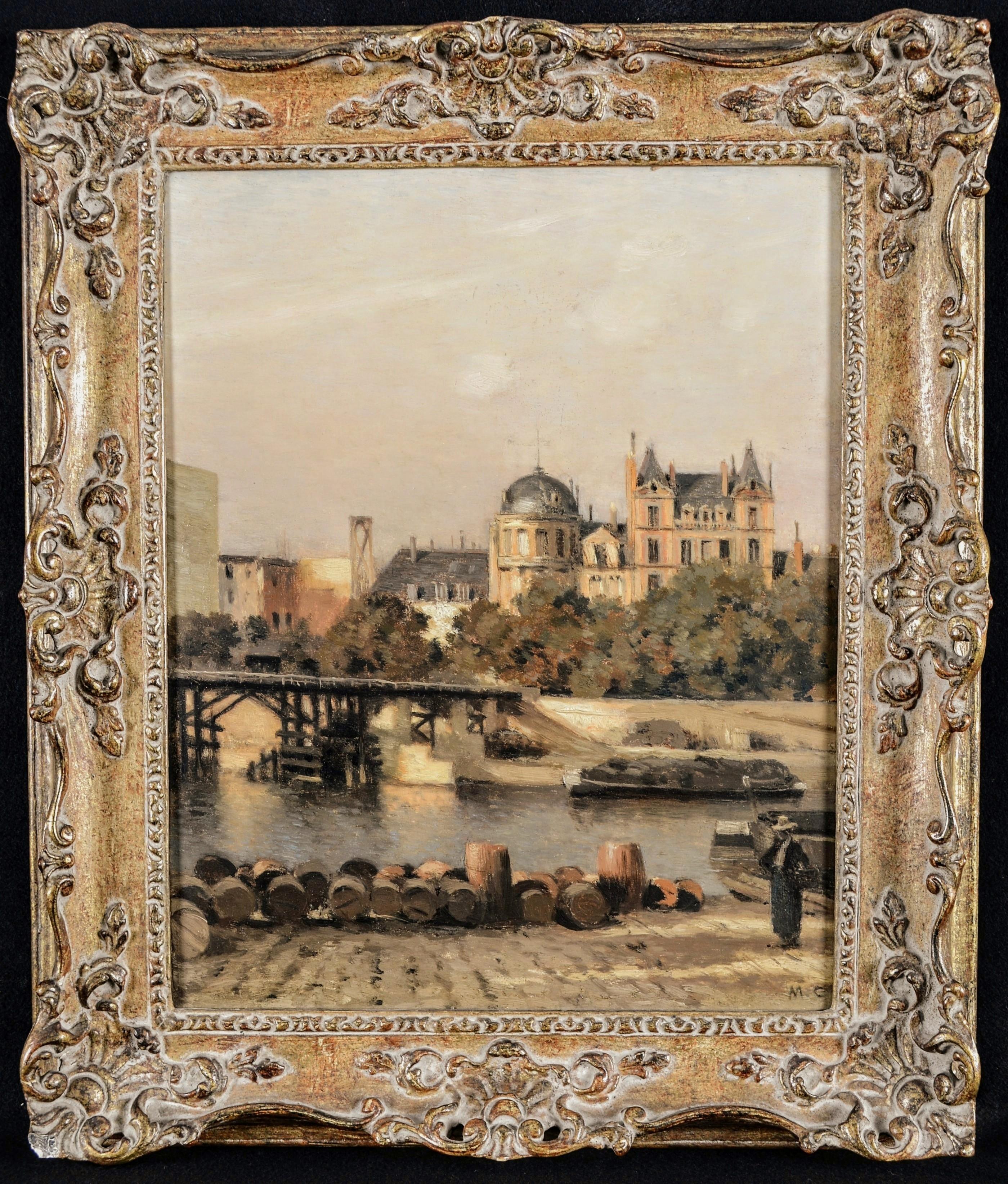 Marie Cazin Landscape Painting - Paris, Old Wooden Bridge - 19th Century Antique French Impressionist Painting