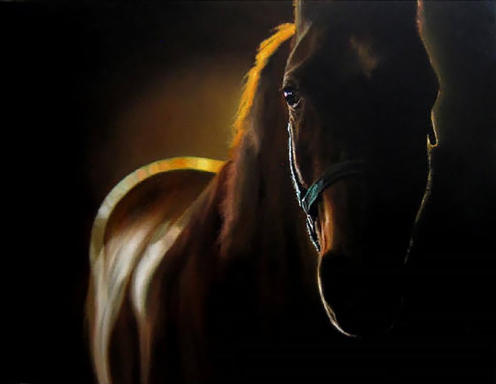 This piece, "Chester", is a 22x32 equine oil painting on canvas by artist Marie Channer. Featured is a portrait of a dark brown horse in the warm light of stable, illuminating the body and mane.  


About the artist:
Channer currently resides in the