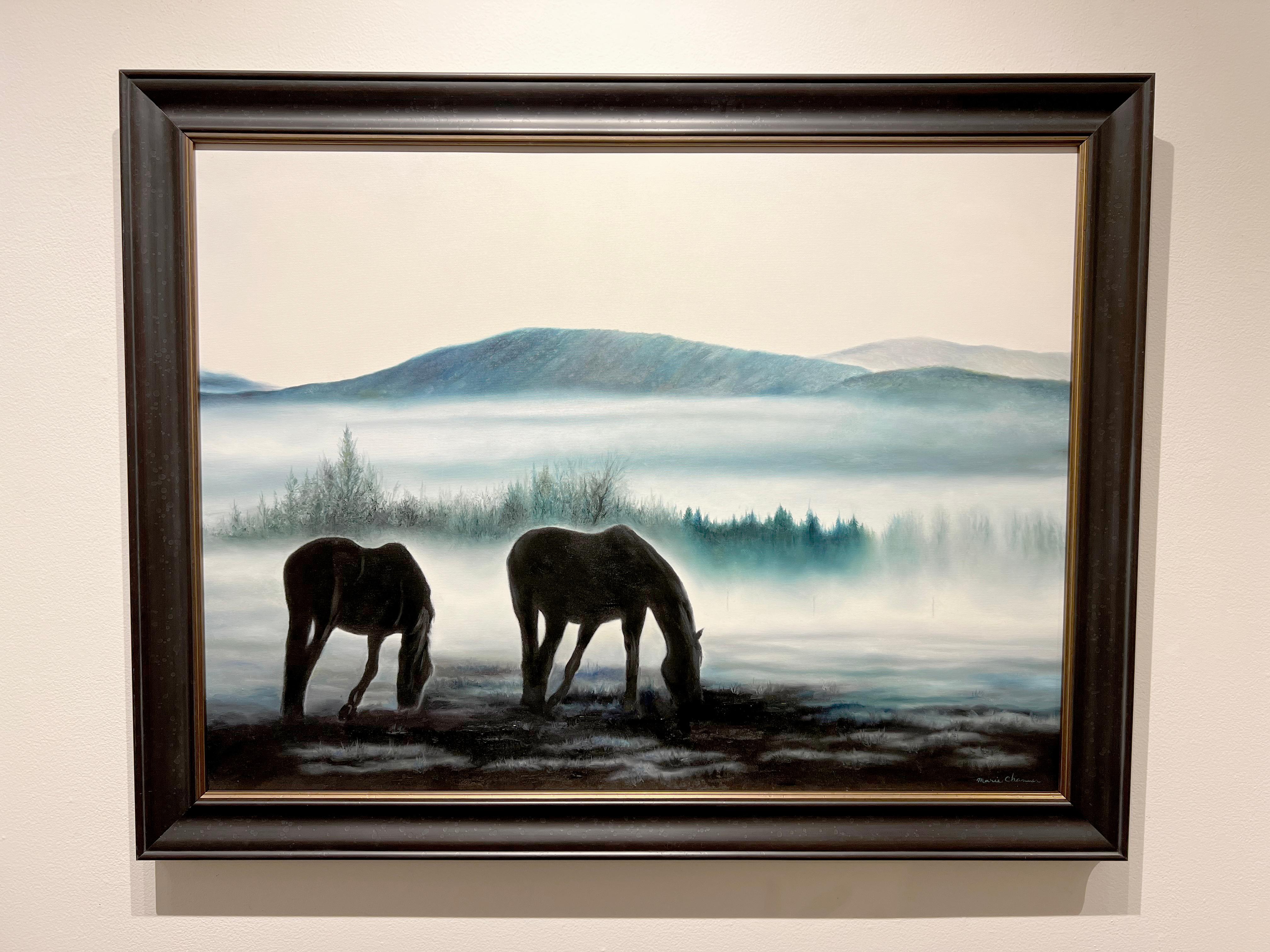 Marie Channer, „“Foggy Morn“, 30x40 Equine-Landschaft, Ölgemälde auf Leinwand im Angebot 1