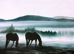 Marie Channer, "Foggy Morn", 30x40 Equine Landscape Oil Painting on Canvas