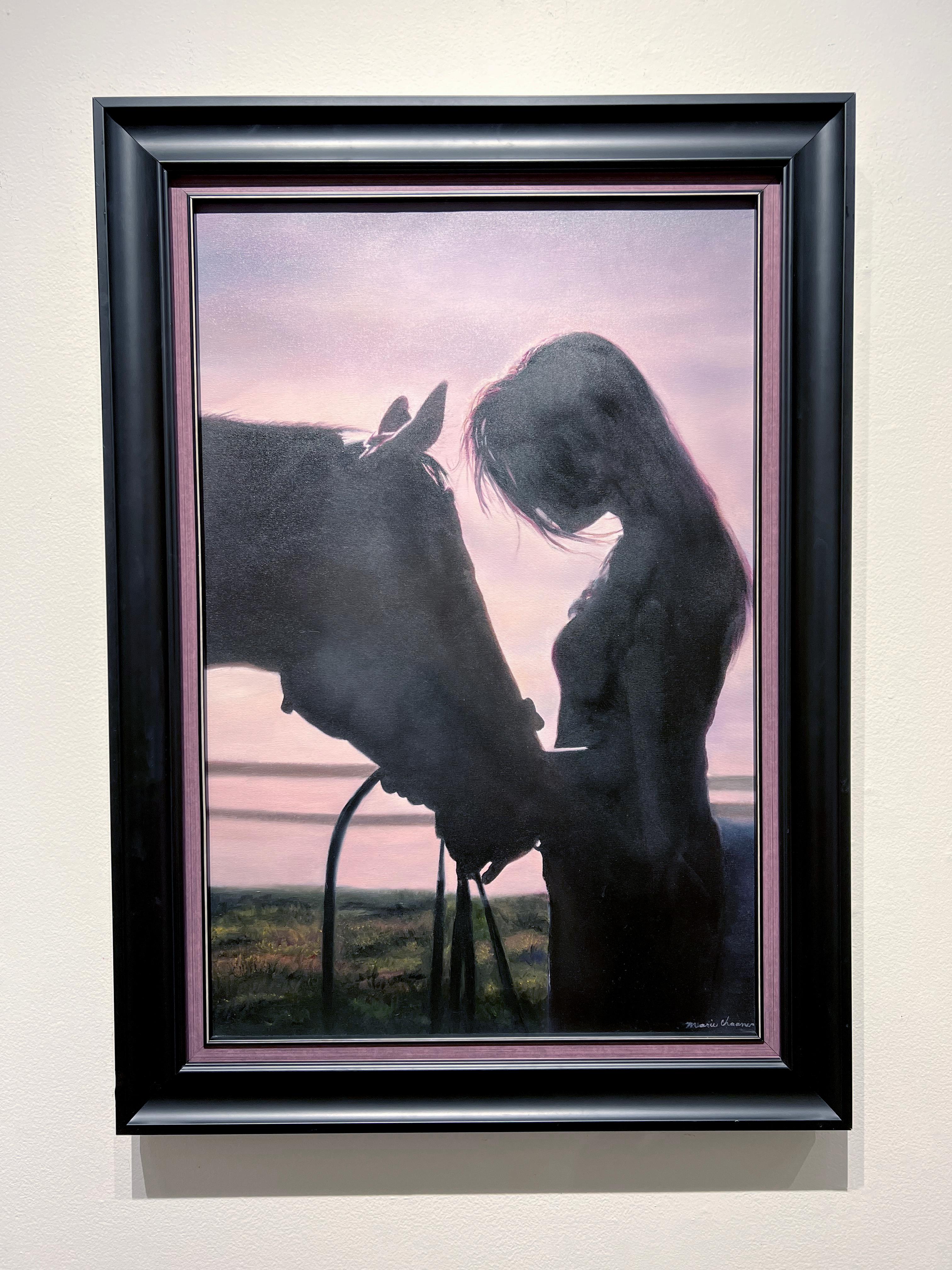 Marie Channer, „'Til Tomorrow“, Ölgemälde mit Pferd und Frau in Silhouette, 30x20  im Angebot 1
