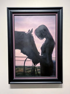 Marie Channer, "Fino a domani", pittura a olio con silhouette di donna e cavallo 30x20