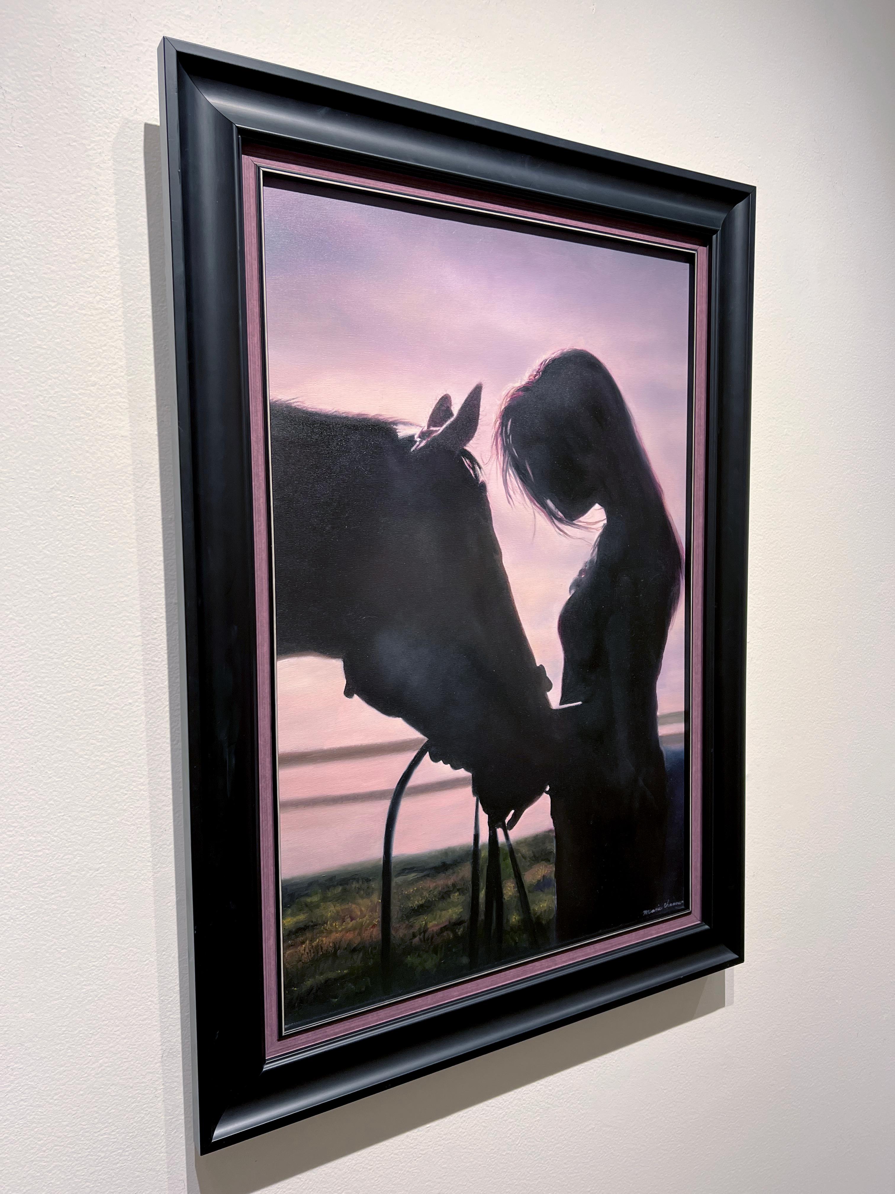 Marie Channer, „'Til Tomorrow“, Ölgemälde mit Pferd und Frau in Silhouette, 30x20  im Angebot 2