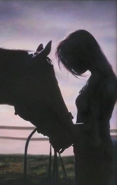 Marie Channer, "'Til Tomorrow", 30x20 Horse and Woman Silhouette Oil Painting