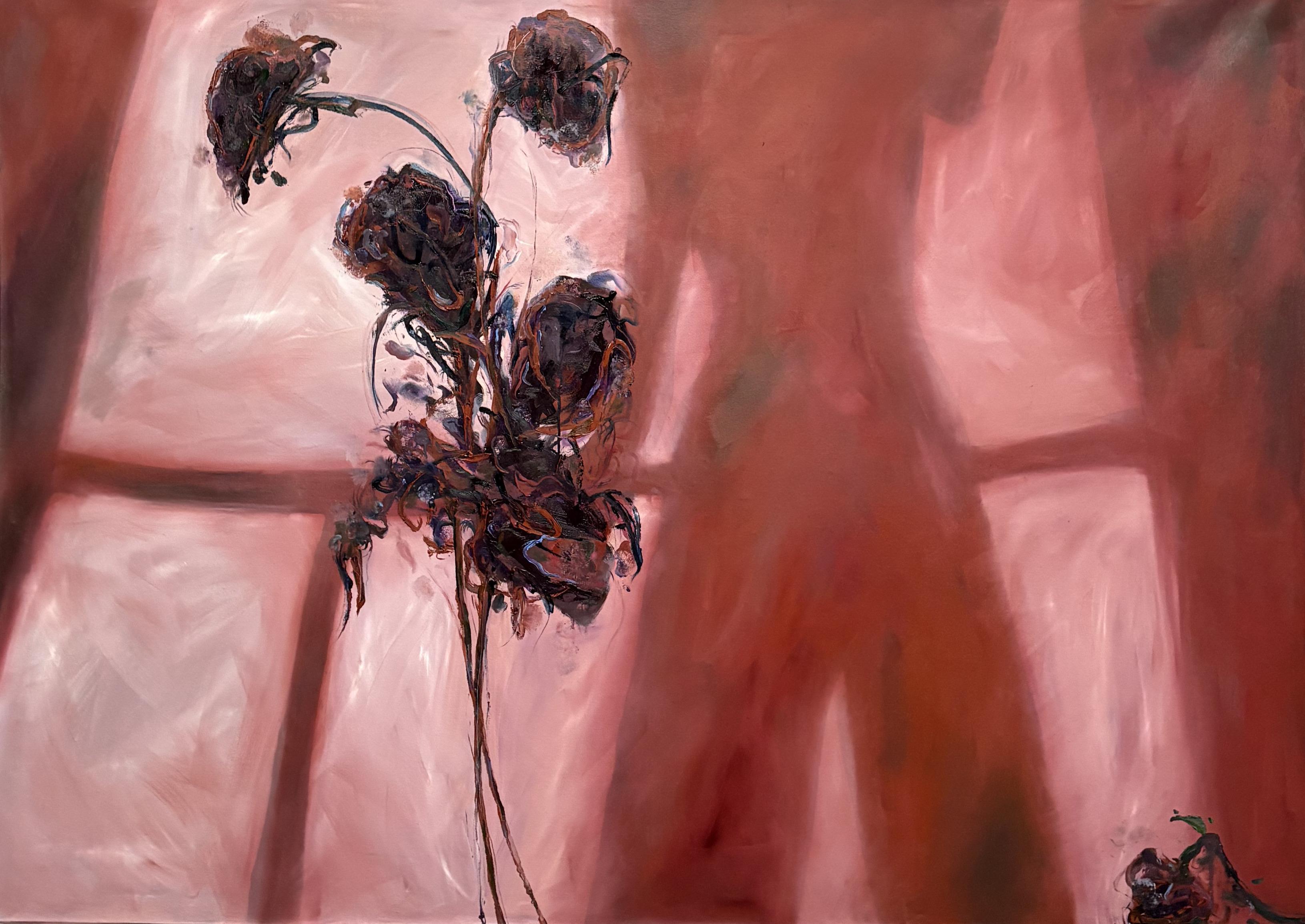 In I Stand Behind Us, Marie-Chloé Duval presents a quiet meditation on collective identity filtered through personal distance. A solitary, darkened botanical form rises against a diffused architectural backdrop, while the soft silhouette of a human