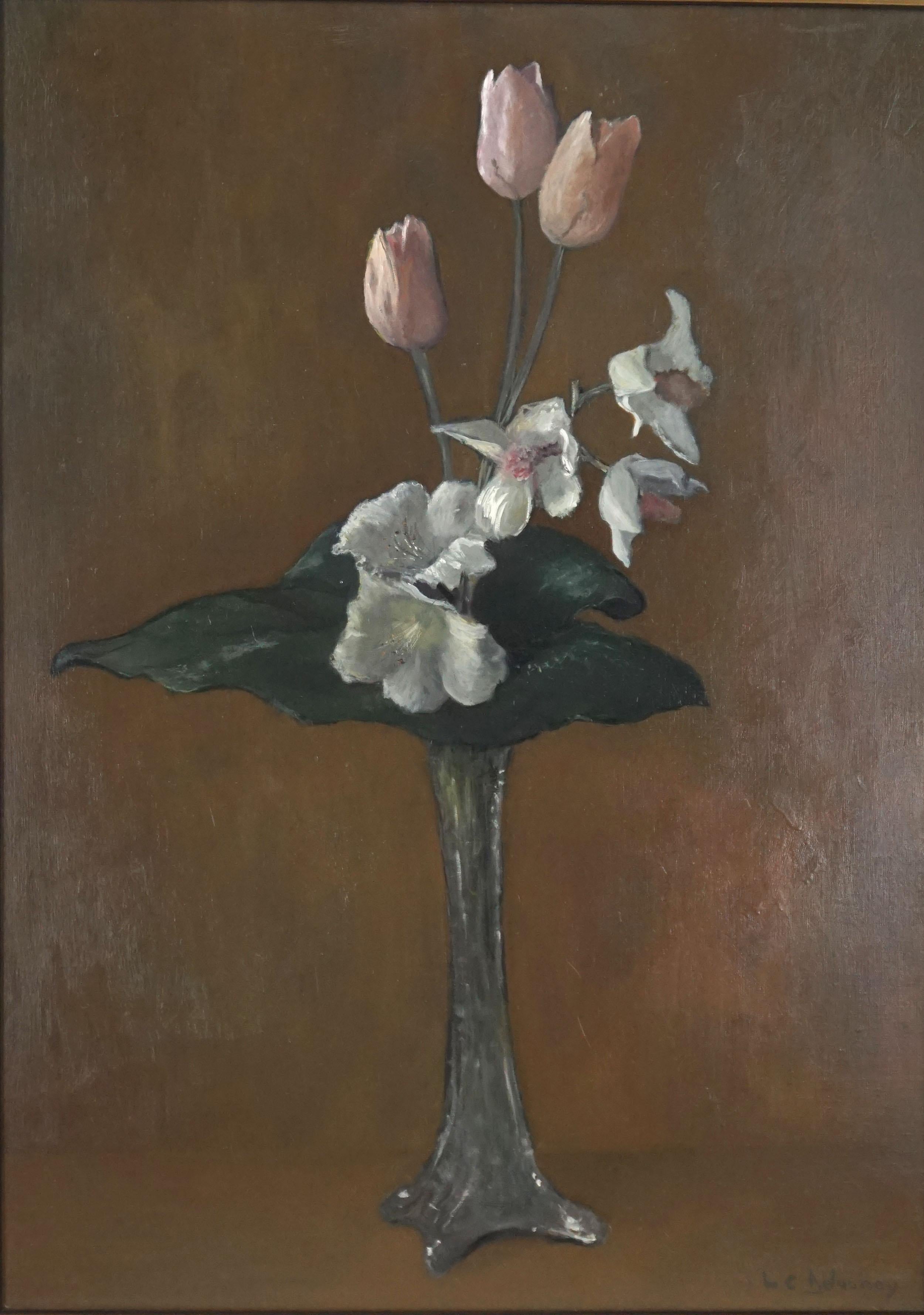 Nature morte française à grande échelle de tulipes, d'acanthe et d'orchidées - Painting de Marie-Claire Delaunay