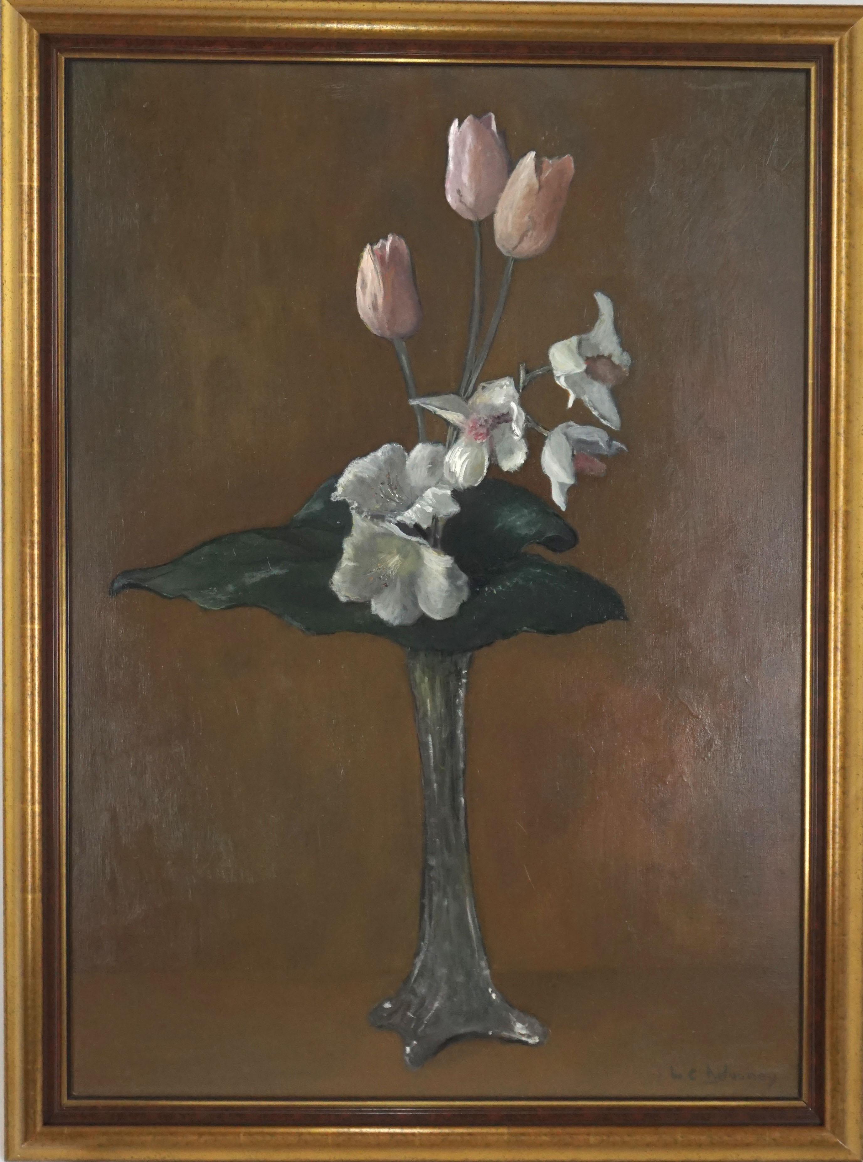 Still-Life Painting Marie-Claire Delaunay - Nature morte française à grande échelle de tulipes, d'acanthe et d'orchidées
