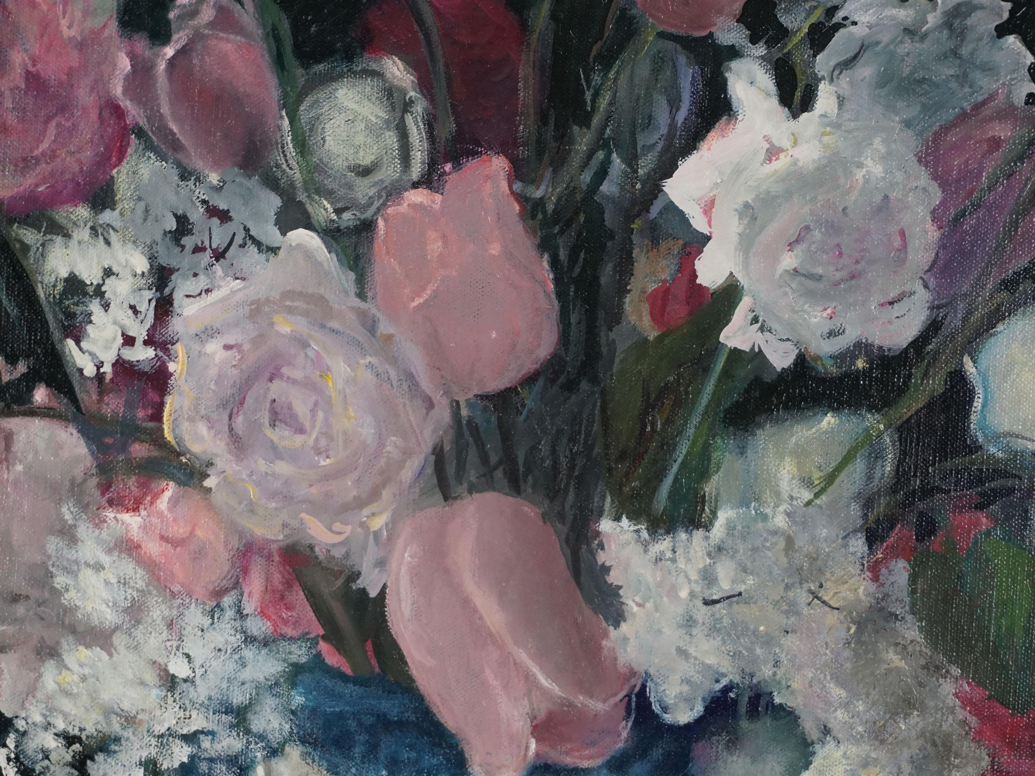 Französisches, großformatiges Stillleben aus Tulpen, Fliedern und Rosen in blauer und weißer Topf (Realismus), Painting, von Marie-Claire Delaunay