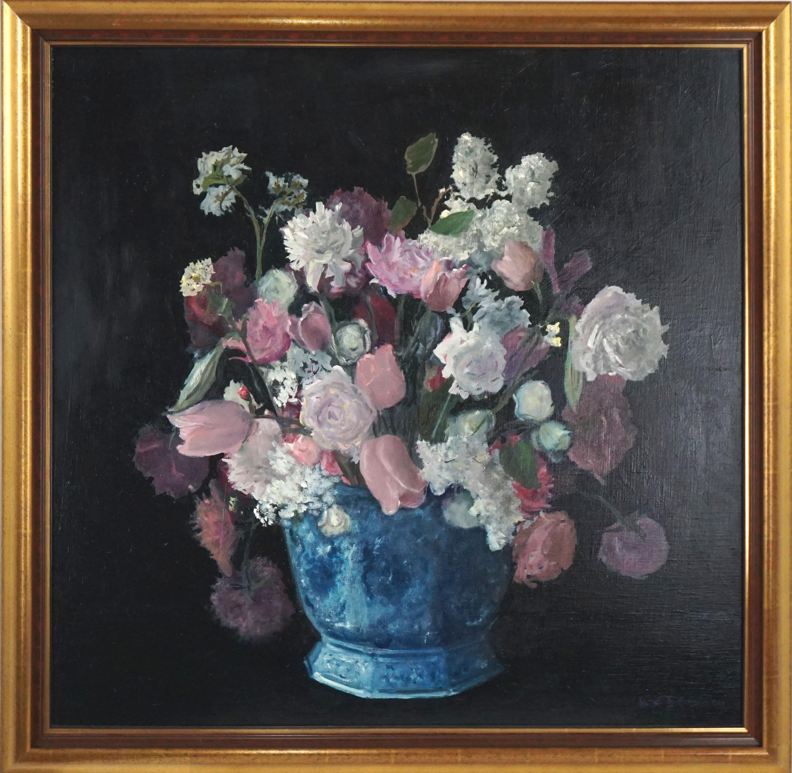Marie-Claire Delaunay – Französisches, großformatiges Stillleben aus  Tulpen, Fliedern und Rosen in blauer und weißer Topf im Angebot bei 1stDibs