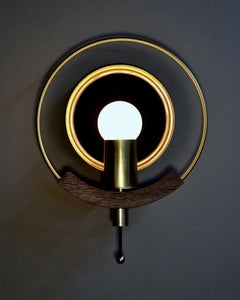 /  ART DONOVAN /  "Marie Claire" Circular, Brass, Wood, Wall Lamp