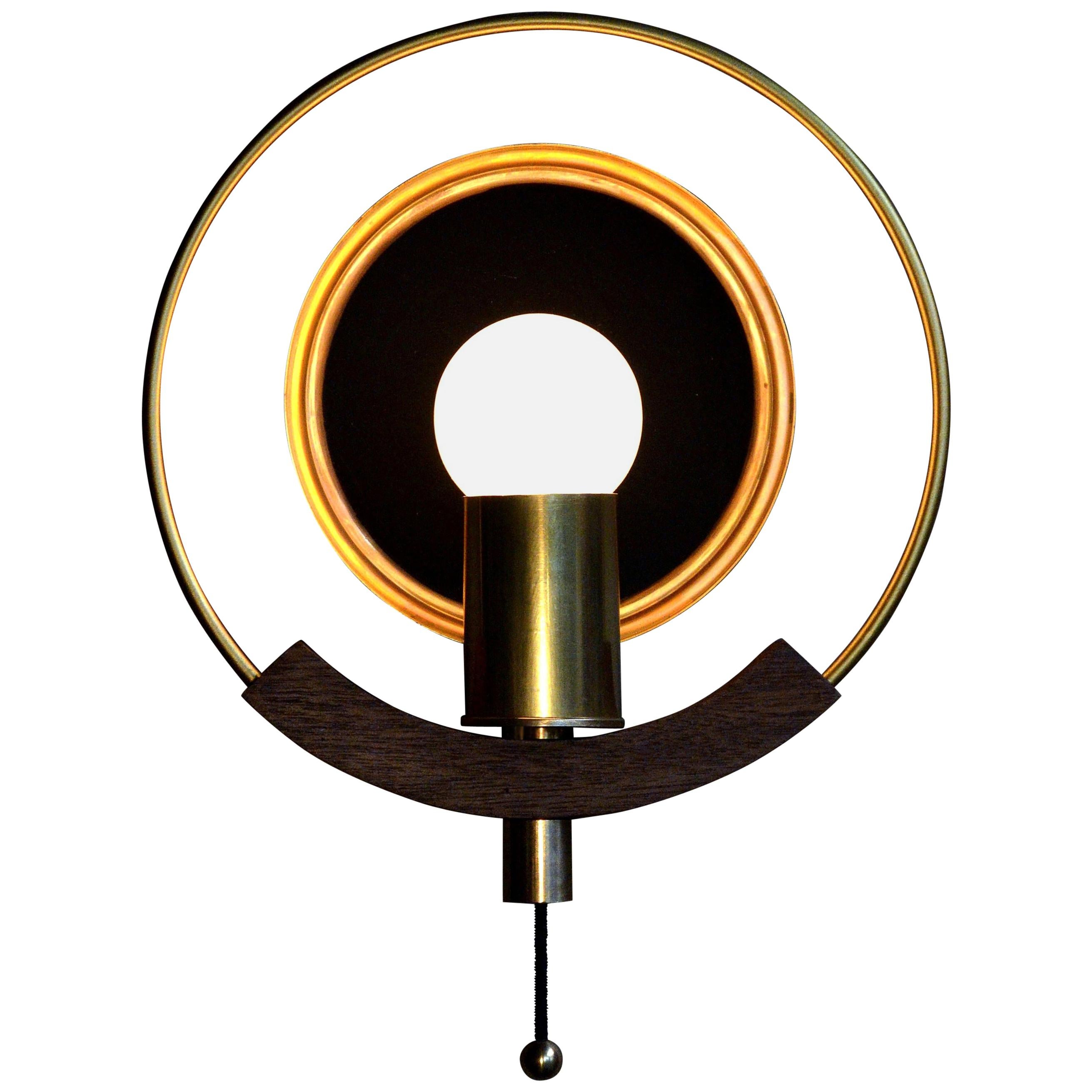 /  ART DONOVAN /  "Marie Claire" Circular, Brass, Wood, Wall Lamp  For Sale