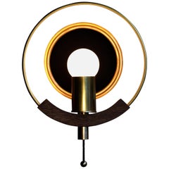 /  ART DONOVAN /  "Marie Claire" Circular, Brass, Wood, Wall Lamp 